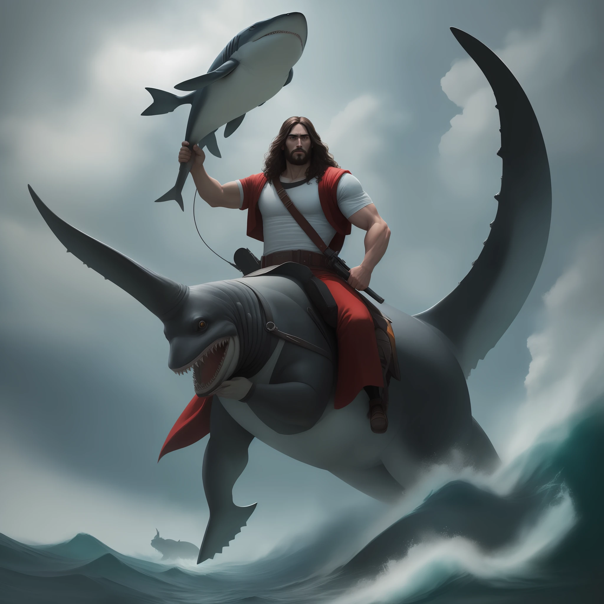 Jesus Christ riding a giant shark, wearing tunic, holding a missile launcher in one hand, heroic pose, fotorrealista, 8k resolution, Divine illumination.