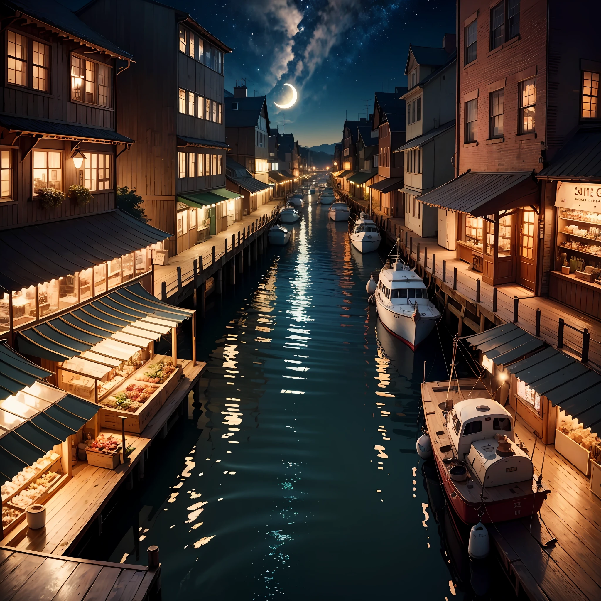 CG+Watercolor drawing, Wharf, harbor, boats, Observation view of the city pier, Street, Water channels, city square, market, A lot of people Computer Graphics,realistic fentezi, A complete copy of the marina, Little Harbor, Breathtaking small streets, stage, Wooden houses, Fireflies dancing in the air, Their gentle glow illuminates the surroundings. Capture this magical moment in an intricate, high-quality illustration with attention to the smallest details and realistic shadows. Isometric 3D rendering using Octane Render and ray tracing will bring this magical port city to life, “Lit cityscapes," “Starry skies," “Moonlit landscapes," “Night time portraits," “Long exposures." --auto