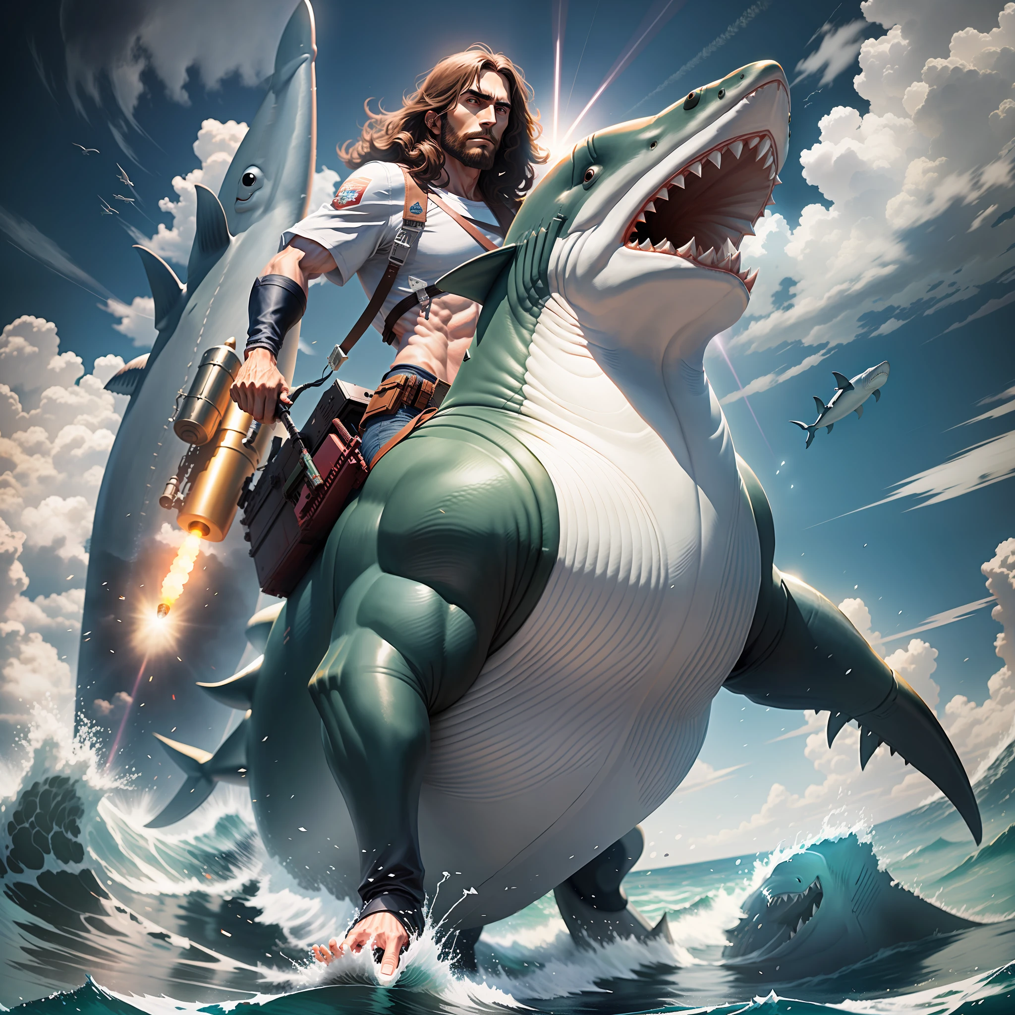 Jesus Christ riding a giant shark, holding a missile launcher in one hand, giant flying shark, Luz Divina, fotorrealista, 8k resolution, altamente detalhado