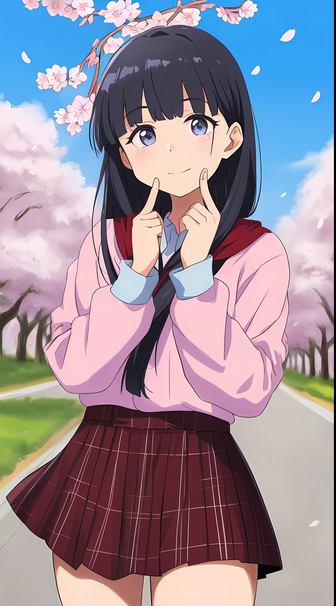 1girl, kamisato ayaka, cherry blossoms, looking at the audience, blue sky