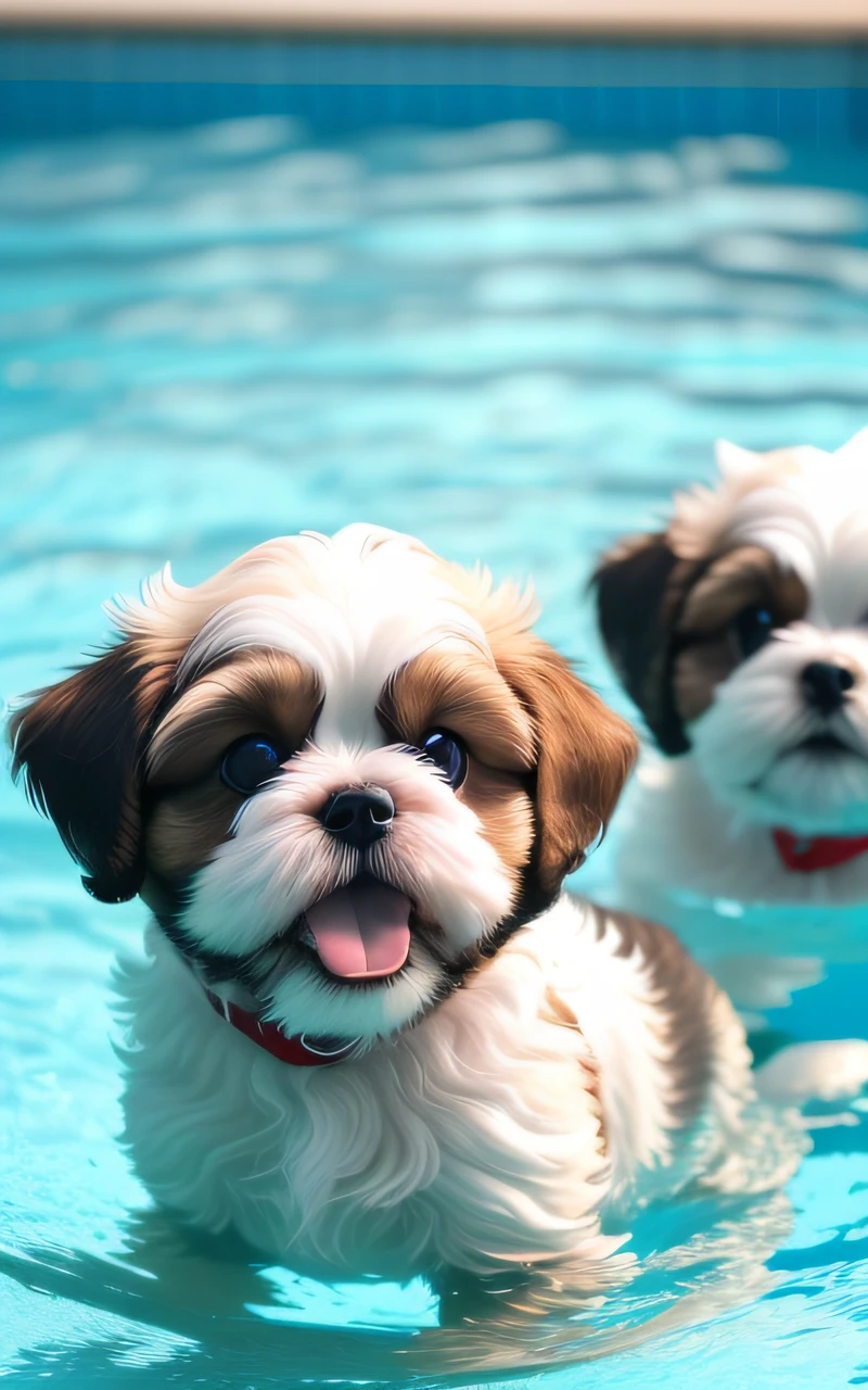 hyper Quality,Cute two Shih Tzu puppies,different body colors,swimming in the pool,smile,black eyes,barking,narrow eyes,smile,eos r3 28mm --auto