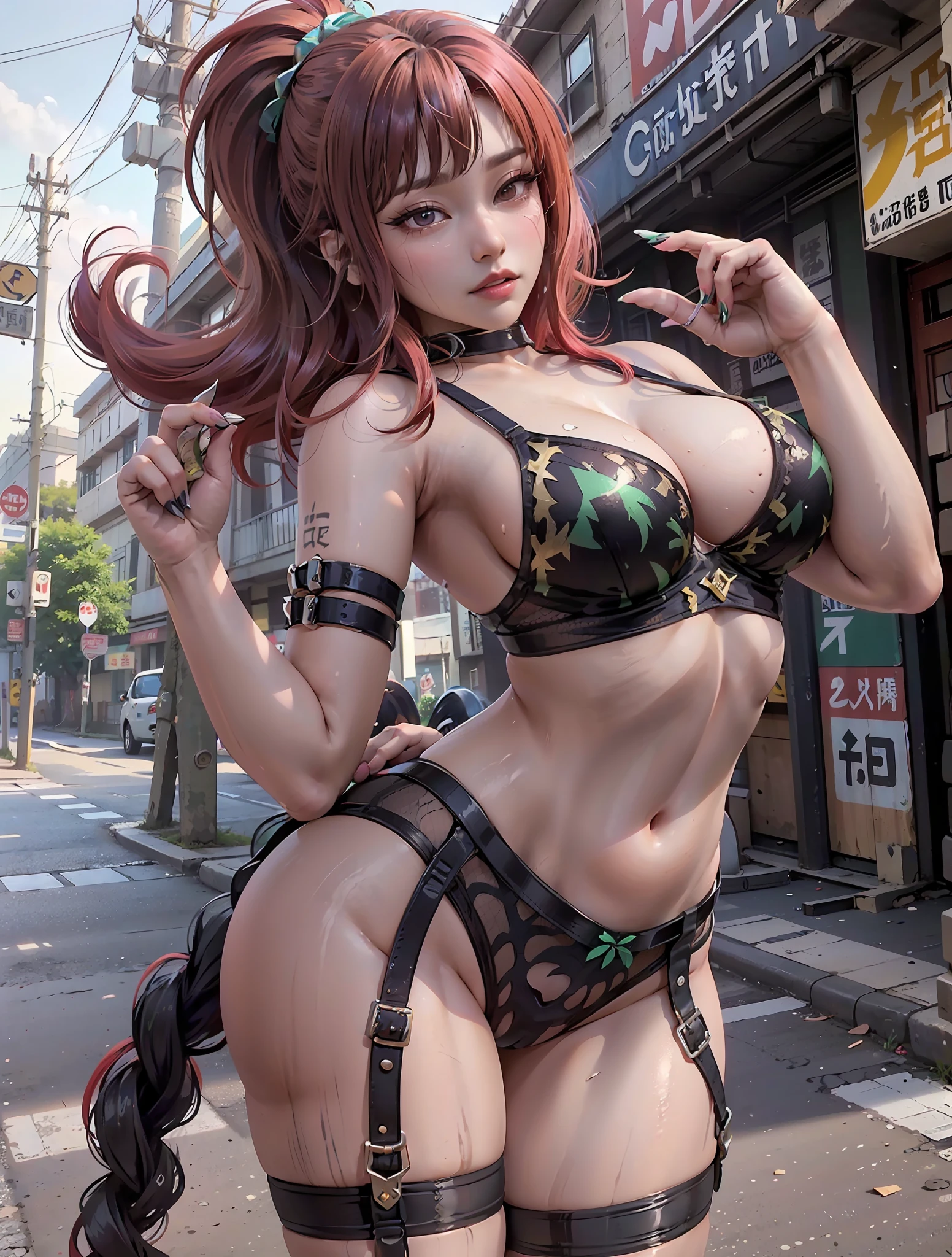 ((Cardi B as Jinx from League of Legends, Lolita )), ((in the streets of Japan daytime,  pressed together, , tight lingerie bra, lingerie, beautiful tight lingerie, bra, lingerie, hands out of view, hands behind her back, crying real tears,  position, sad)), hysterical crying, emotional breakdown, (((,  pose in streets, , ))), , (looking at viewer from the streets of Japan,  pose,  pose), (octane render), hyperrealism, unreal engine, perfect composition, perfect render, perfect lighting, cinema 4d, 3dcg, 8k vector photography, hyperrealism photography, busty, young, teen, high resolution perfect body perfect face perfect hands perfect fingers perfect  8k, (((micro lingerie, all lingerie, ,  swinging freely))), ((green eyes, half Asian half Spanish, mixed girl, fit,)) tight lingerie bra (((super thick, small waist, short red hair with bangs and highlights,))) emerald eyes, beautiful eyes, captivating, alluring, realistic lighting, realistic environment, detailed outfit, realistic facial features, hyper detail, sweat, lingerie,  body,  face ((perfect angle, perfect pose, focus on face  and ))