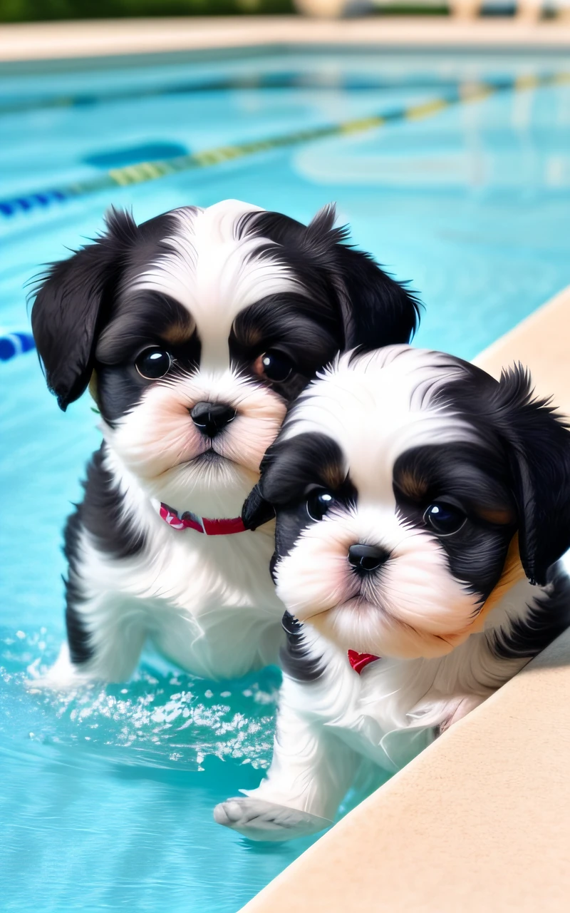 hyper Quality,Cute two Shih Tzu puppies,different body colors,swimming in the pool,smile,black eyes,barking,narrow eyes,smile,eos r3 28mm --auto