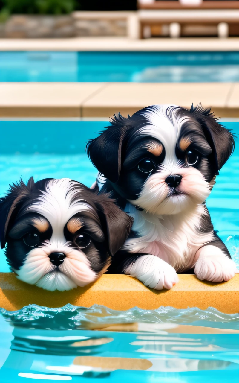 hyper Quality,Cute two Shih Tzu puppies,different body colors,swimming in the pool,smile,black eyes,barking,narrow eyes,smile,eos r3 28mm --auto