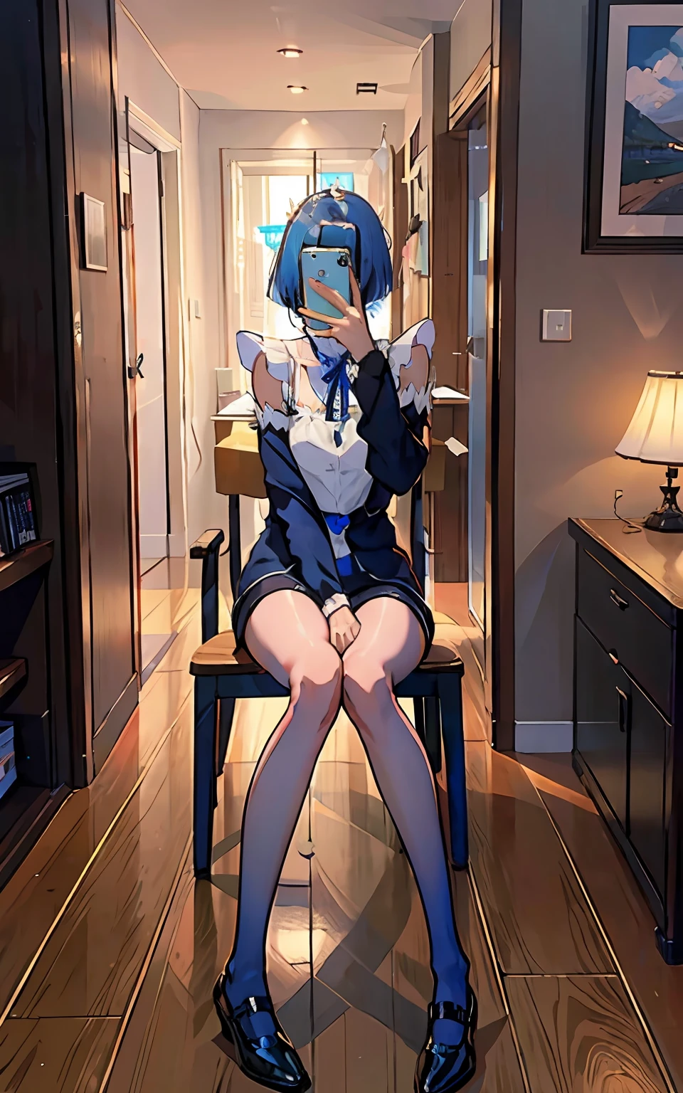 (beste Quality)、A masterpie、extremelydelicateandbeautiful、astonishing、finelydetail、huge filesize、超detailded、high - resolution、absurdist、((perfect hand:1.2))、 Take a selfie with your phone in one hand、Cover your face、 1girls、very thin legs、very thin legs、very thin legs、long legs、Highly detailed legs、 [standing a|Sitting on a chair|sitting on|Butterflies sitting]、 [stockings|pantyhose|thights|knee high]、 iphone、selfy、a-pose、Small hands、Light blue hair、short hairs、Blue Eye、Remu(re:Zero)