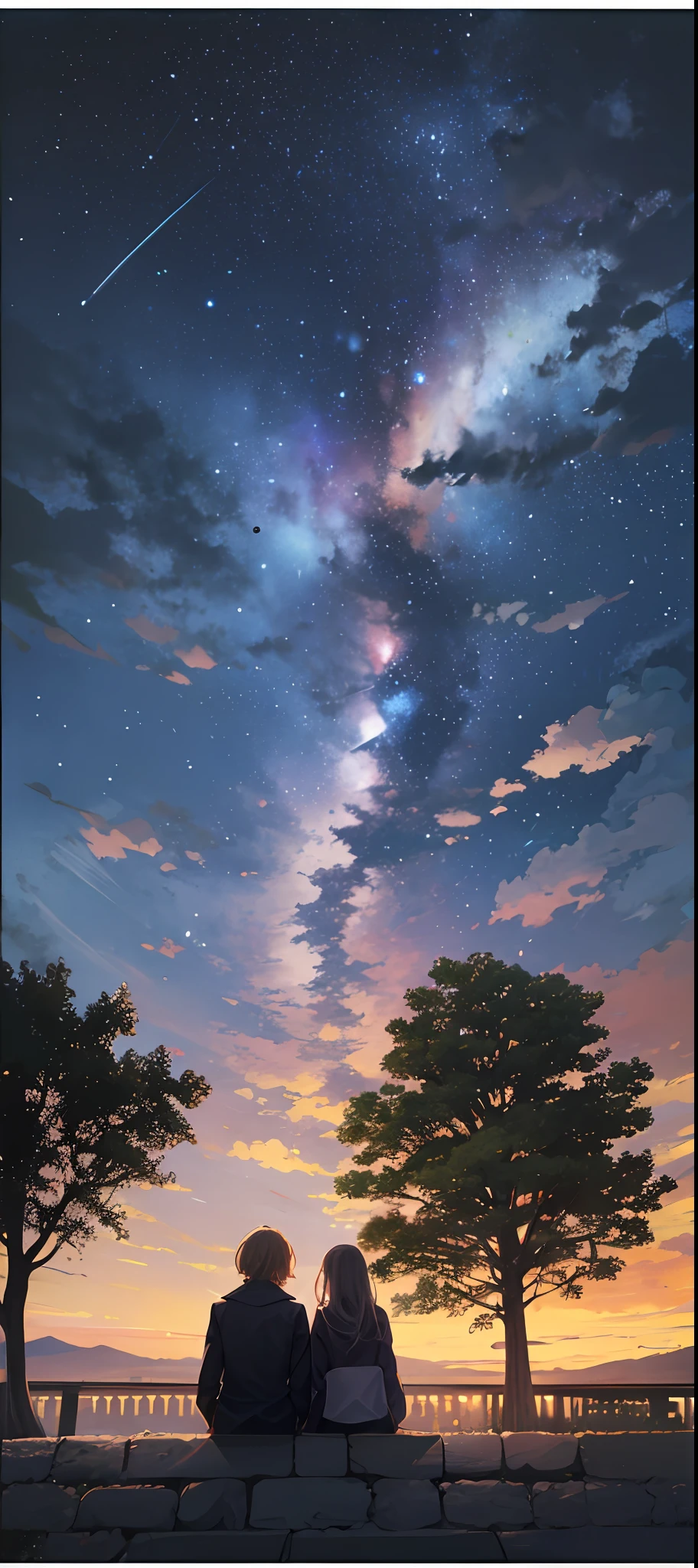 octane，skies，As estrelas（skies），scenecy，stary sky，Night，1 pair of men and women，night  sky，独奏，al fresco，architectural，the clouds，the Milky Way，Sit，The tree，Long hair，miji，siluettes，townscape，late evening，The vastness is vast