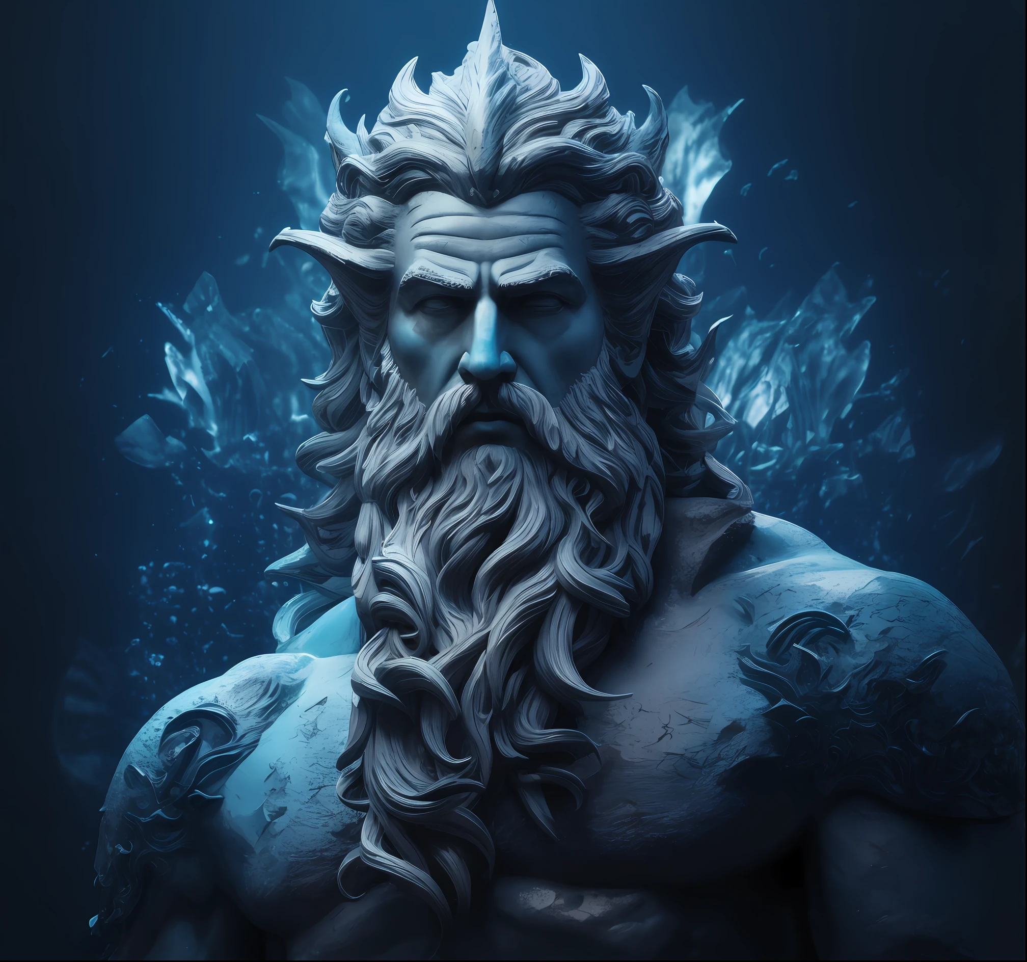 a close up of a statue of a man with a beard, O Deus Poseidon, O Deus do Mar, Poseidon, Deus do Oceano, deus do inverno, gigante da geada, retrato masculino do deus svarog, personagem de fantasia hiperdetalhado, Furioso Deus Zeus, 3 d render arte do caractere 8 k, Senhor do Gelo, Vencedor do concurso ZBRUSH