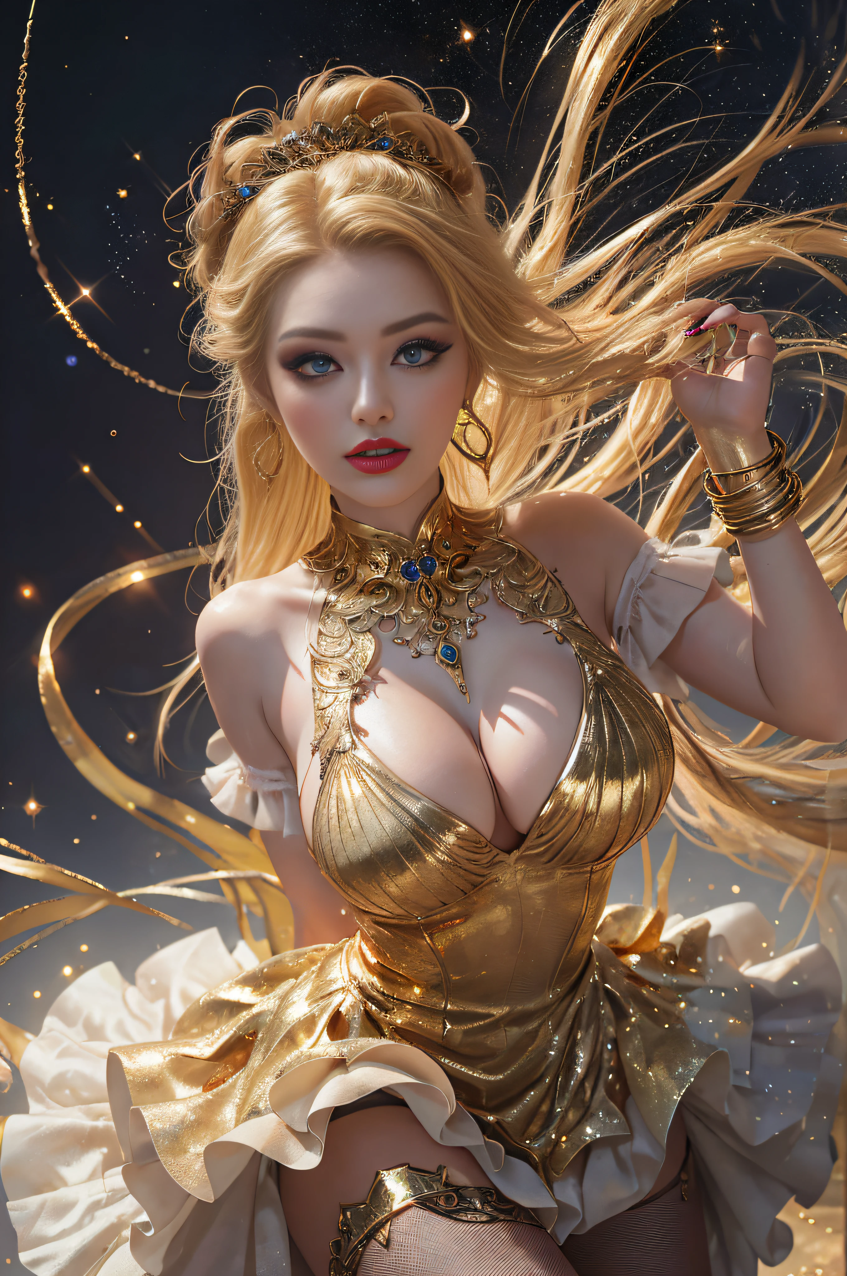 ear ring、pantyhose、bracelets、Giant tits、[(Urzan 1.1:0.1), (Pureros:0.1):-0.05], (Semi-real:1.3), (dinamic pose:1.2), (Golden hair:1.35), (Cosplay:1.35), (master peice:1.2), (beste Quality:1.15), (独奏:1.2), (erotick:1.2),(Short skiny_outfit vintage white ruffled dress:1.1), (Femme fatale:1.3), (upturned eyes:1.3), (long eyelash+smoky eyeliner+Eye Glitter+Red eyeshadow+shiny lips+Erotic sexy glitter makeup:1.1),(Depth-of-field:1.1)、(Top Quality Beauty Face:1.3)、(Highest quality beauty:1.3)、(Top Quality Ultra Real Textured Human Skin:1.3)、(Super supreme quality beauty:1.1) (Full eyes、Full face:1.1)、 (Realistic lighting、Movie lighting:1.1)