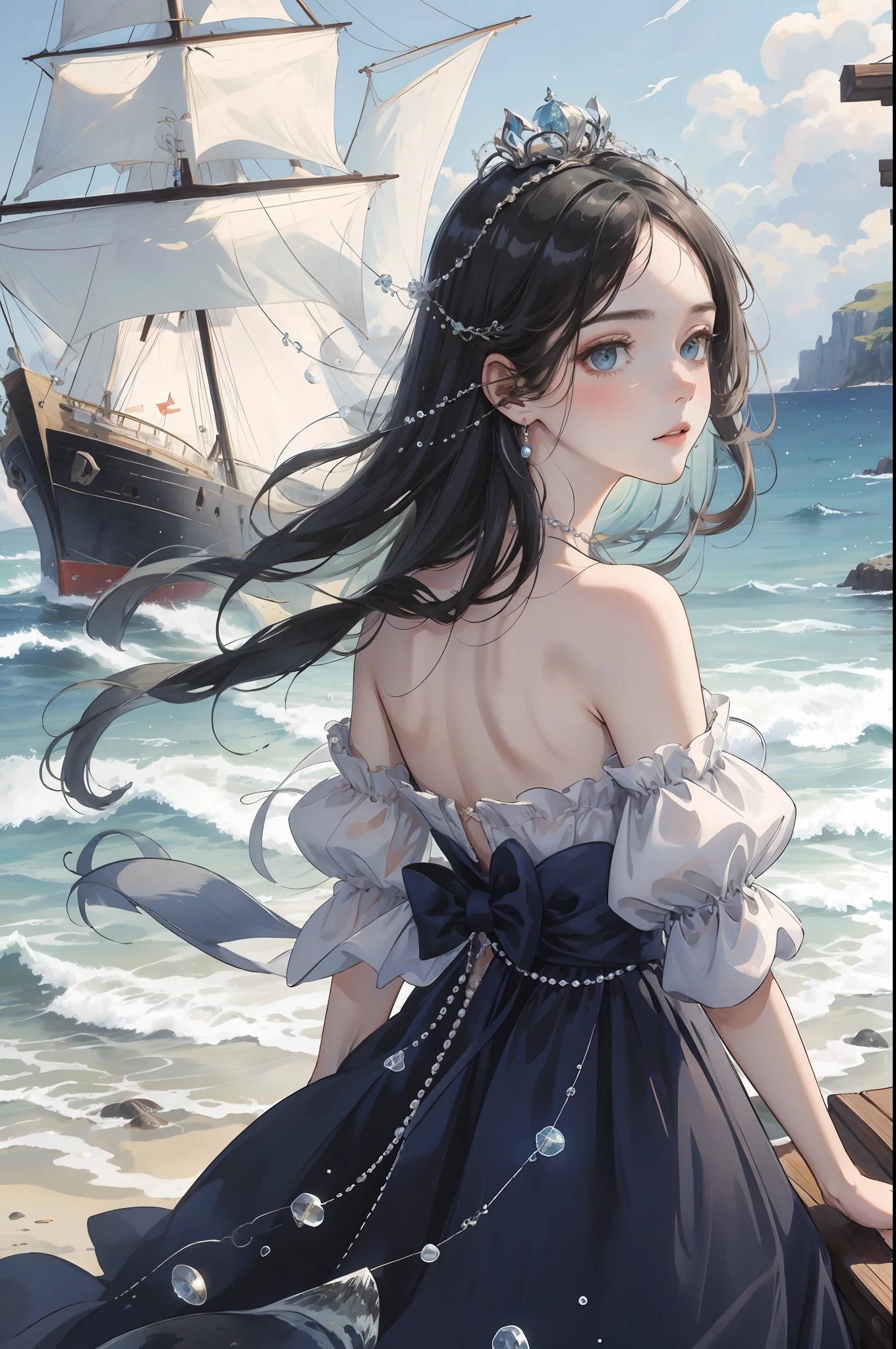 The Masterpiece, Best quality, The Masterpiece,,熟女，One Man，Long navy blue hair，empy eyes，puled up dress，gargantilha，pearls，seashells，sea waves，seas，the sea，fishes，ship，ultra-details，Best Picture Quality，White Crown，The Masterpiece，need，head ornaments，hair ornament，Complex details，off the shoulder，Fairy of the Divine Realm