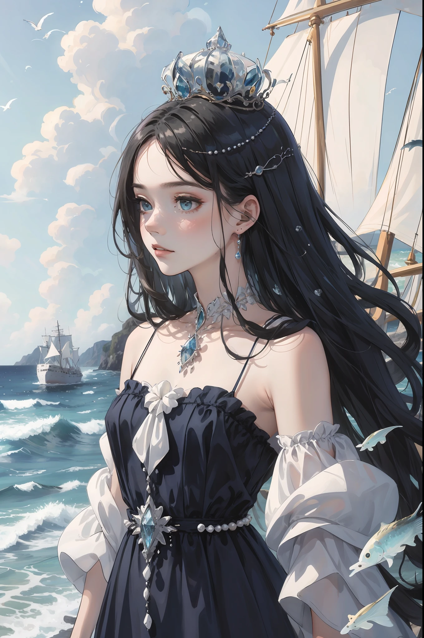 The Masterpiece, Best quality, The Masterpiece,,熟女,One Man,Long navy blue hair,empy eyes,puled up dress,gargantilha,pearls,seashells,sea waves,seas,the sea,fishes,ship,ultra-details,Best Picture Quality,White Crown,The Masterpiece,need,head ornaments,hair ornament,Complex details,off the shoulder,Fairy of the Divine Realm