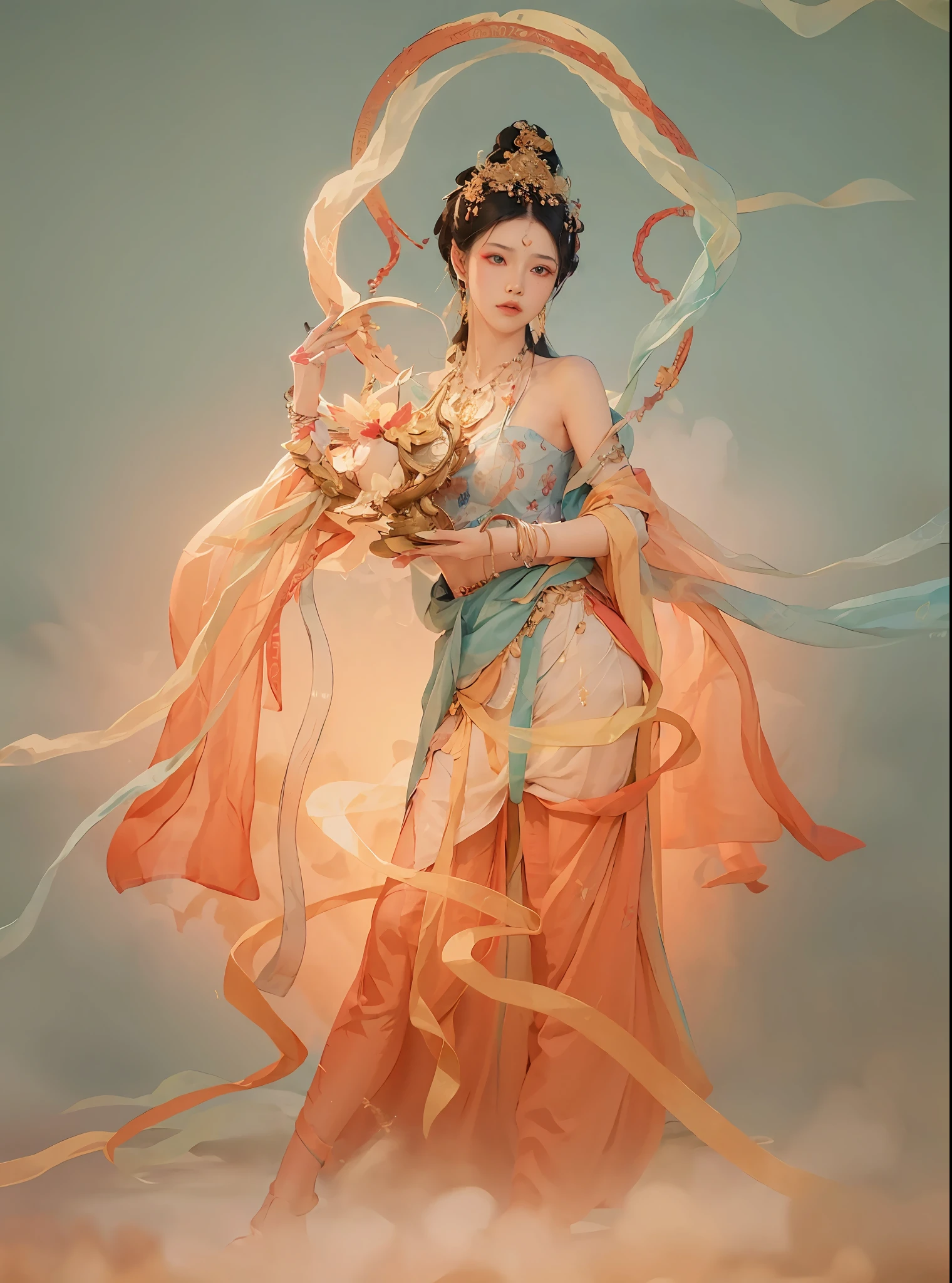 (RAW photos,best qulity),(Lifelike,photo realistic:1.3),best qulity,highly detaild,The Masterpiece,ultra-details,illutst,1girls,upper-body_Body,dynamic angle,Masterpiece Theatre of the World,Confusion_Long_Hair,best qulity,extremly detailed的CG unity 8k wallpaper,ink,astonishing,cinematic lighting,footage_flare,,dunhuang_style,delicately formed hands,The Perfect Hand