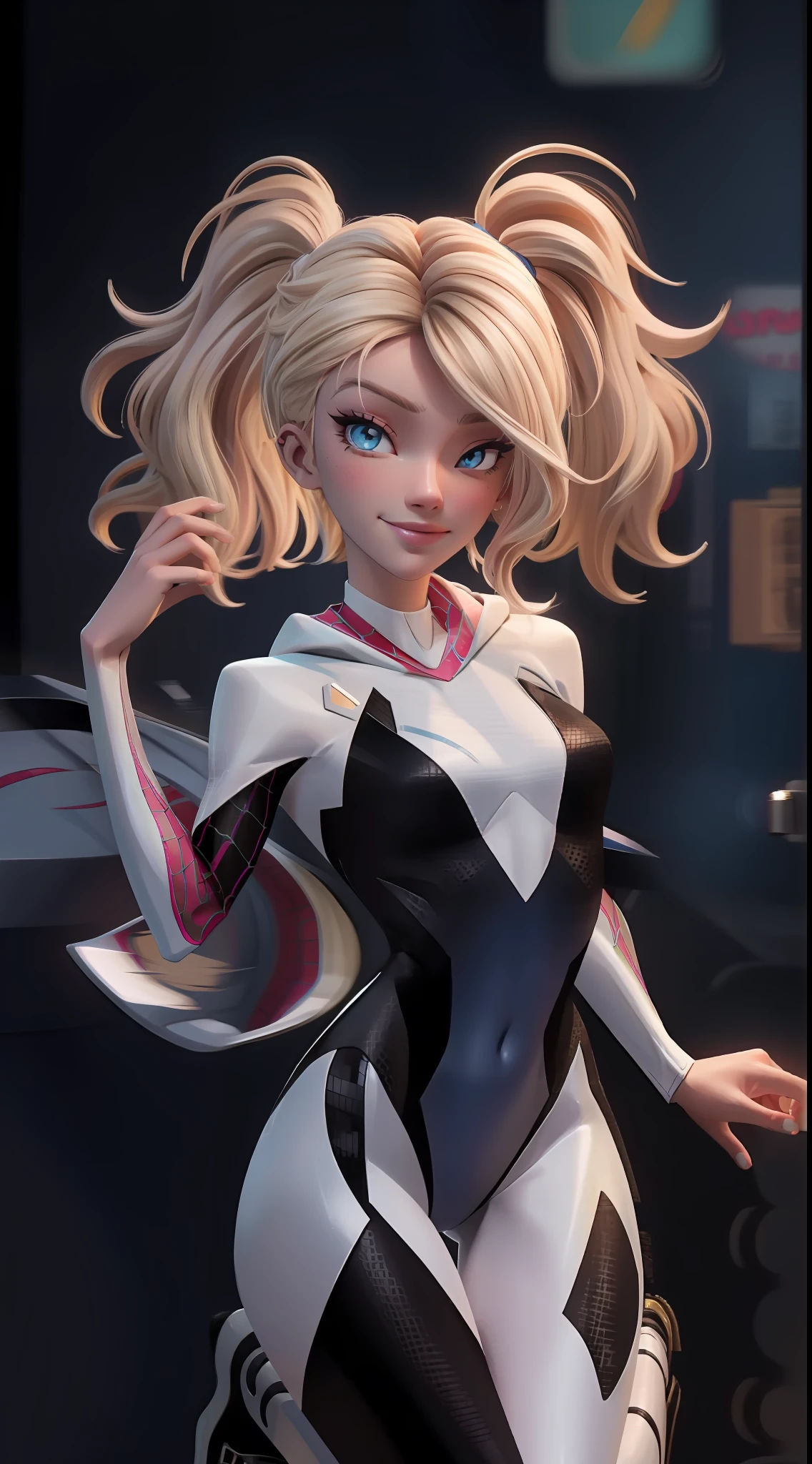 (Masterpiece, best qualiy), Intricate details,
1fille, Gwen Stacy, cheveux blonds , Cheveux courts, Animation ,piercing aux sourcils,spider-gwen suit , body , superhero
smirking,
