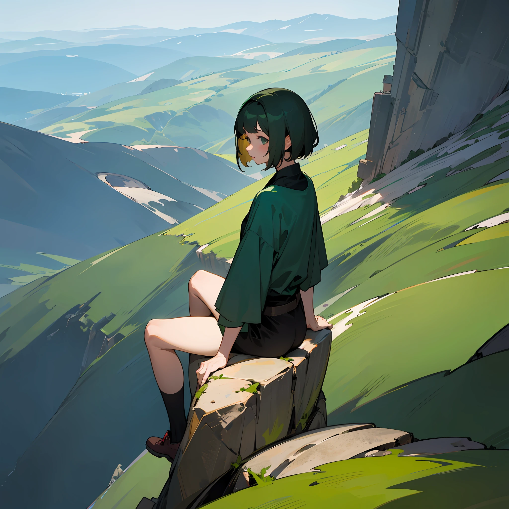 girl with short dark green hair sitting at the edge of the mountain