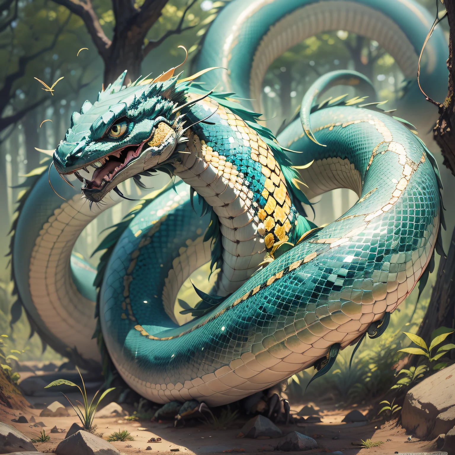 1 snake,,Primeval forest,Refer to Cobra,Trimeresurus,1.5m,Cyan all over,Angular,style of anime,detail,micropenis,Chinese wind