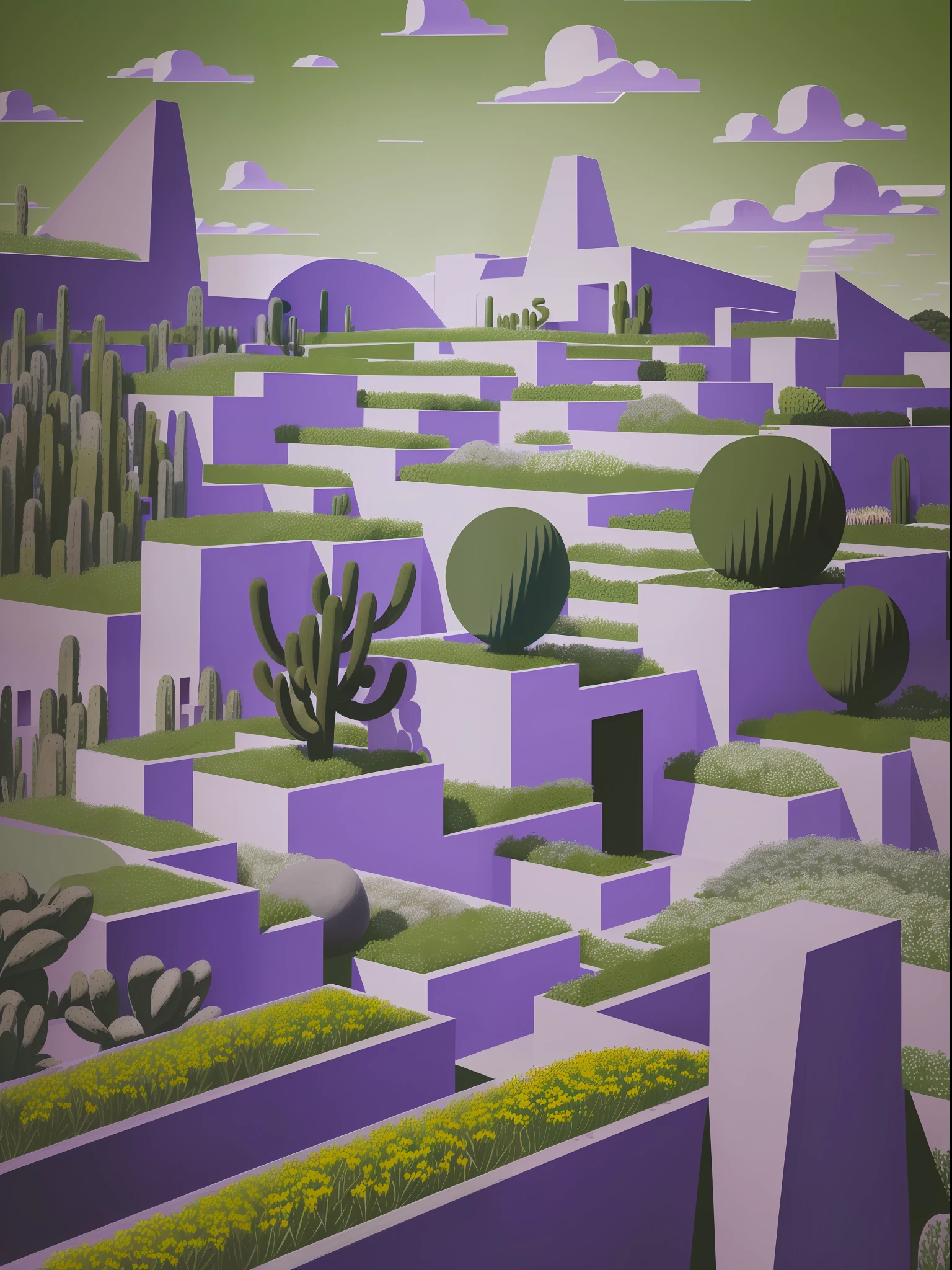 Illustration, a garden whit abundant cacti, various organic sculptures, big rocks, (((multiple sections))), collage style, detailed, (((color palette olive green, violet, grey, blue, black and white))), (((a lot Luis barragán's architecture style builds))) big clouds, mountains in horizon, stairs, bridge, in the forest. ((masterpiece, best quality)),illustration,ultra detailed 8k