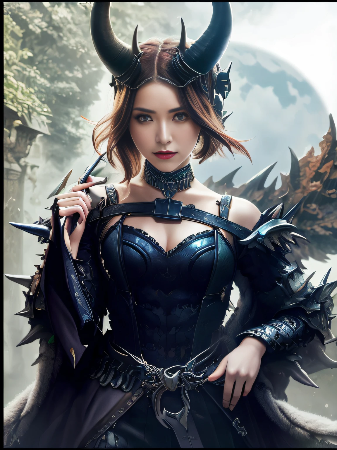 Demon queen with horns and cyborg wings, beautiful high-resolution armor, high-resolution face, Mond im Hintergrun