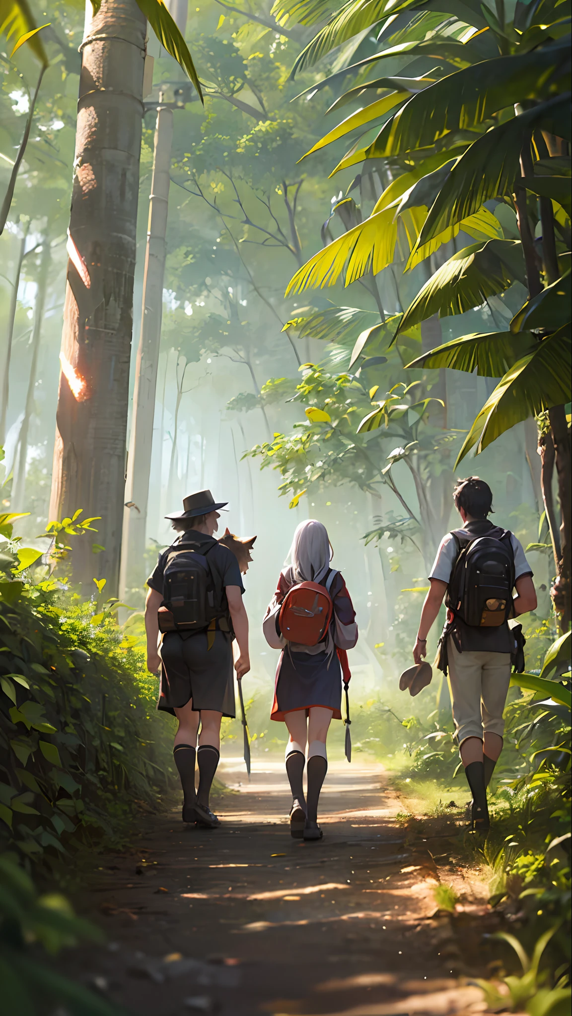 Indians walking through the Amazon jungle on a trail towards Eldorado. personagens masculinos e fenininos. pessoas perfeitas. cachorros na cena. natureza exuberante. insanamente detalhado. 4k, 8k. --auto --s2
