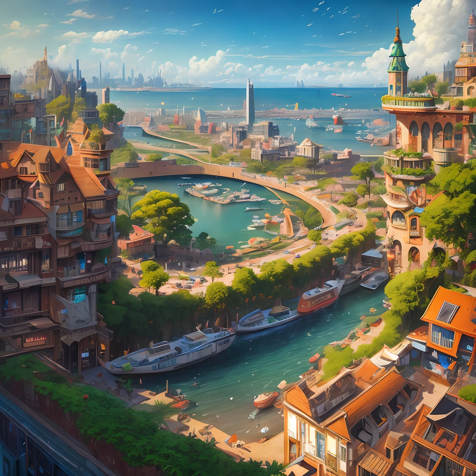 beautiful Elena of Avalor-style open kitchen overlooking wide-angle aerial view of a vibrant solarpunk city with greenery, interior architecture, ocean, river, ships, citizens, city wall, octane rendering, Luc Schuiten-style, Craig Mullins, solarpunk on deviantart, photorealistic, highly detailed, Vincent Callebaut, Elena of Avalor, highly detailed