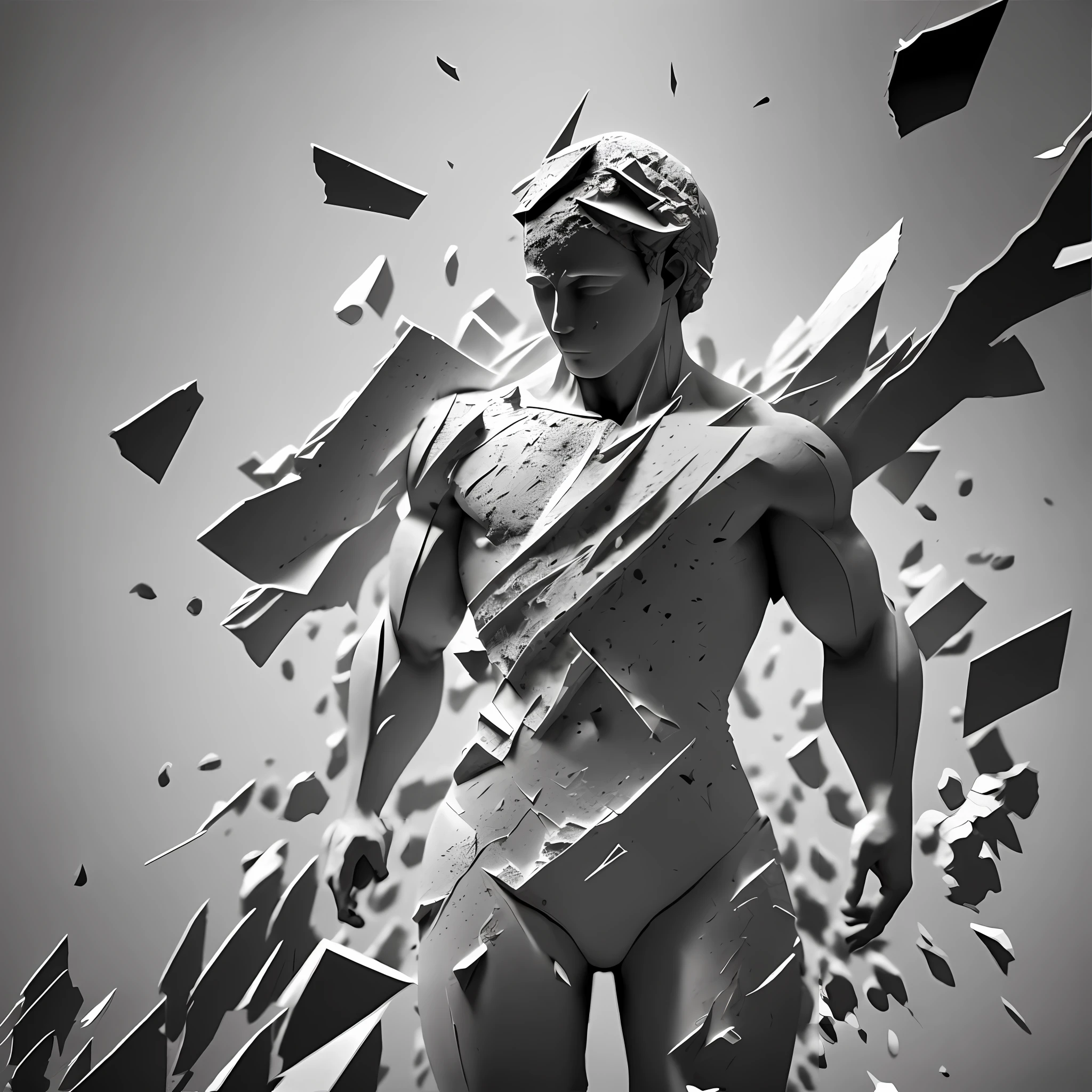  plaster model (full body: 1.4), suspended in the air, (hit by two bullets at the same time), (one shot in the left neck, one shot in the upper waist). Shards of plaster are flying in the air due to explosion, grayscale image --auto