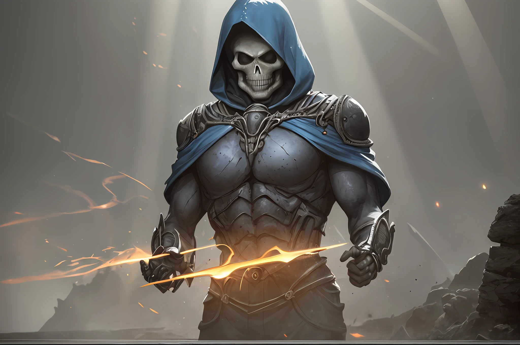 portrait of post-apocalyptic anthropomorphic skeletor from Masters of the Universe, character design, blue hooded suit, boned skeletal body, the style of Jakub Rozalski and Mike Franchin, vibrant vintage colors throughout the scene, glassy eyes, realistic Hammer Horror-style environment, ((rays come out of his hands)), action, ((surreal atmosphere) ), cinematic, natural lighting, intricate details, terror, horror, background blur, dark lighting, low light, render, ultra-realistic photography, bokhe, taken on a Canon EOS 5D, f8 aperture, Highly detailed, Engine 5, full resolution, octane render, Masterpiece, 8k, HR, HQ , 4D --auto --s2