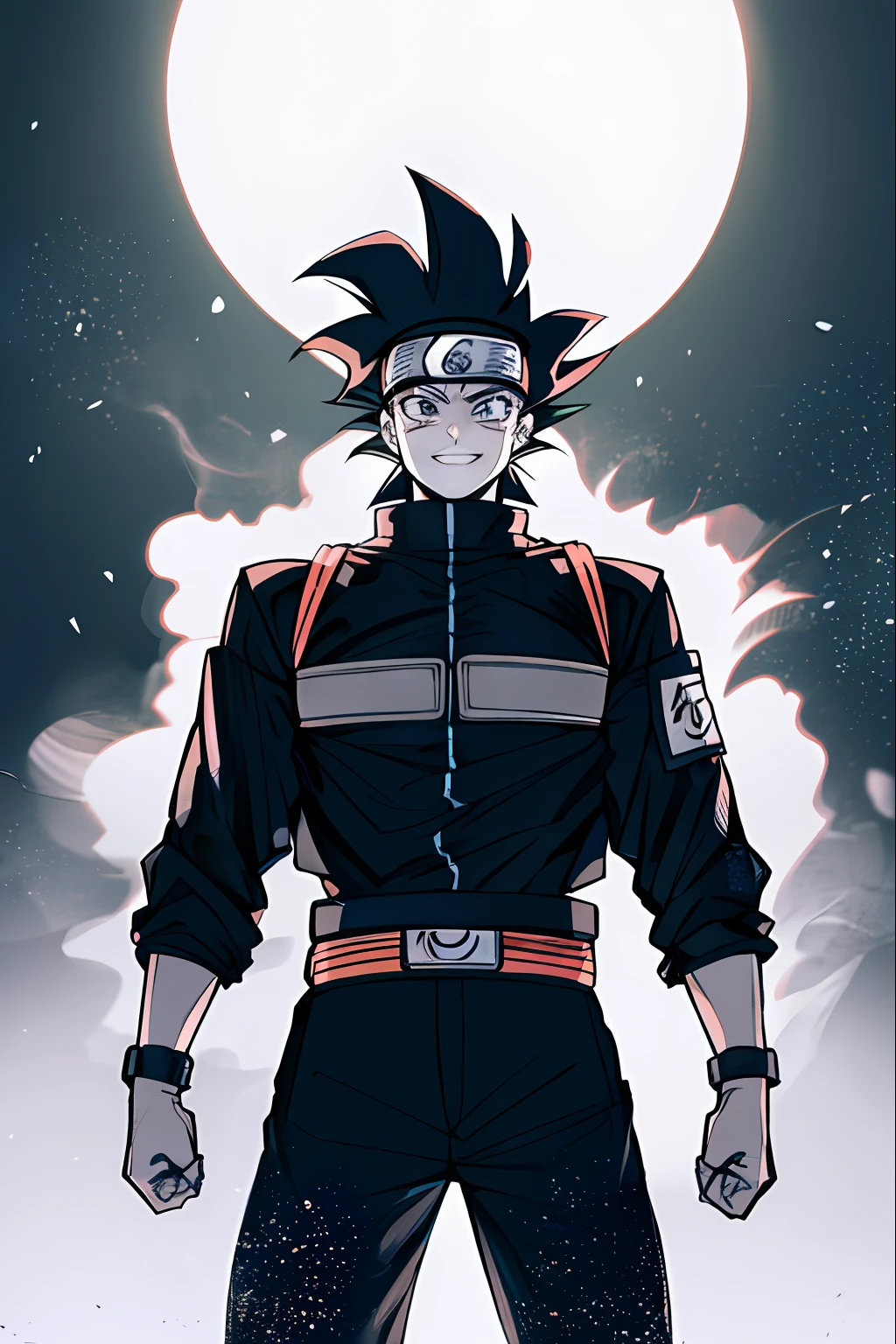 utakata, naruto, 1boy, retroiluminação, olhos negros, cabelo preto, pulseira azul, boca fechada, dougi, mecha de cabelo, particles light, olhando para o espectador, foco masculino, musculoso, homem musculoso, peitorais, sorrir, solo, cabelo liso , parte superior do corpo, pulseira, ((obra-prima))