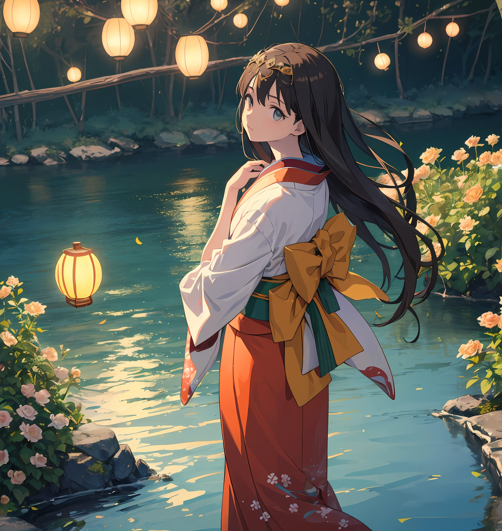 Generate a breathtaking 3D image in the style of MJ3D and Ghibli, inspired by the character 'Spirited Away' (Son/Chihiro) from the renowned Studio Ghibli film. The image should portray a young girl with long brown hair, adorned with a floral circlet. Elle porte un kimono japonais traditionnel avec des motifs complexes et des couleurs vibrantes. The kimono has billowing sleeves and is cinched at the waist with an elegant obi. La fille a doux, traits doux avec des yeux bruns chauds et une expression sereine. Her hair is partially tied back, with loose strands framing her face. She is standing near a flowing river in a magical world, surrounded by floating lanterns and ethereal creatures. The scene is set during twilight, avec un soft, golden glow illuminating the landscape. The image should capture the girl's sense of wonder and curiosity as she gazes at the enchanting surroundings. The level of detail and realism should be of the highest caliber, akin to a true masterpiece (best qualiy: 1.1), nice drawn hands