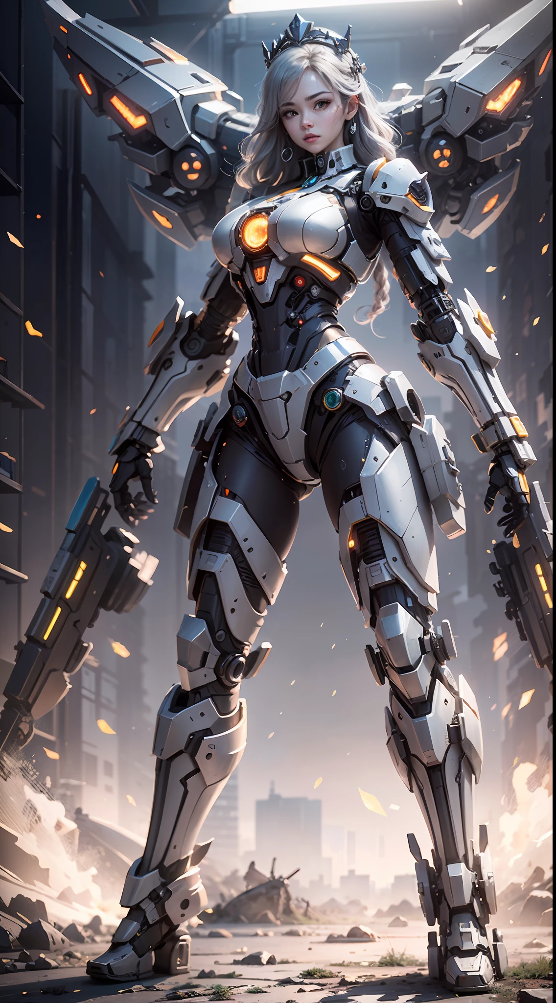 (Best Quality)), ((Masterpiece)), (Very Detailed: 1.3), 3D, master chef-mecha, Beautiful cyberpunk woman wearing crown, with master chef style armor, sci-fi technology, HDR (High Dynamic Range), ray tracing, nvidia RTX, super resolution, unreal 5, subsurface scattering, PBR texture, post-processing, anisotropic filtering, depth of field, maximum sharpness and sharpness, multi-layer texture, Specular and albedo mapping, surface shading, accurate simulation of light-material interactions, perfect proportions, octane rendering, duotone lighting, low ISO, red balance, rule of thirds, wide aperture, 8K RAW, high efficiency subpixels, subpixel convolution, light particles, light scattering, Tyndall effect, very sexy, full body, battle pose, silver hair with braids,