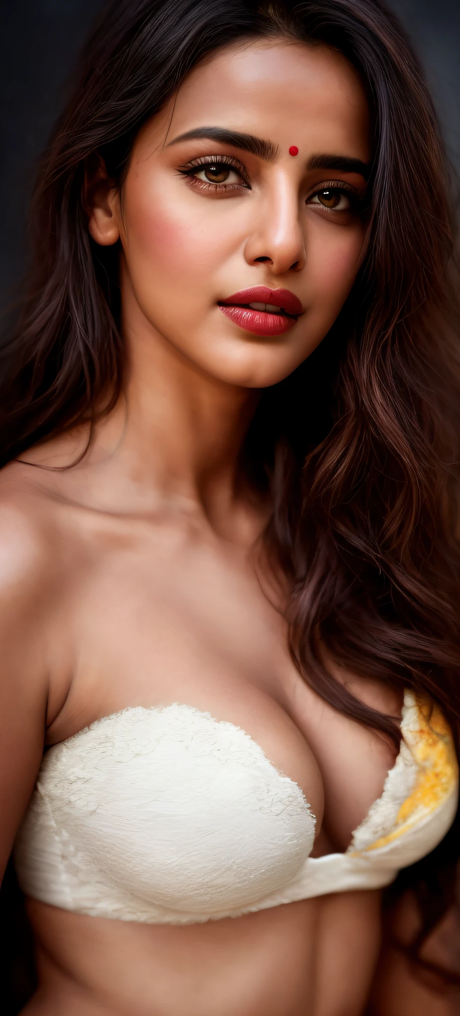 a close up of a woman in a yellow and white sari, indian super model, portrait of nehasharma, jaw-dropping beauty, jaw dropping beauty, candid shot, high delicate details, cover shot, portrait of priyanka chopra, closeup portrait shot, glowing details!, , details galore, side boob, boltons , large breasts,high quality film still, female movie stills photography,photorealistic, radian light, photo, masterpiece, realistic, realism, photorealism, high contrast, photorealistic digital art trending on Artstation 8k HD high definition detailed realistic, detailed, skin texture, hyper detailed, realistic skin texture, armature, best quality, ultra high res, (photorealistic:1.4),, high resolution, detailed, raw photo, by lee jeffries nikon d850 film stock photograph 4 kodak portra 400 camera f1.6 lens rich colors hyper realistic lifelike texture ,dramatic lighting, unrealengine trending on artstation cinestill 800,