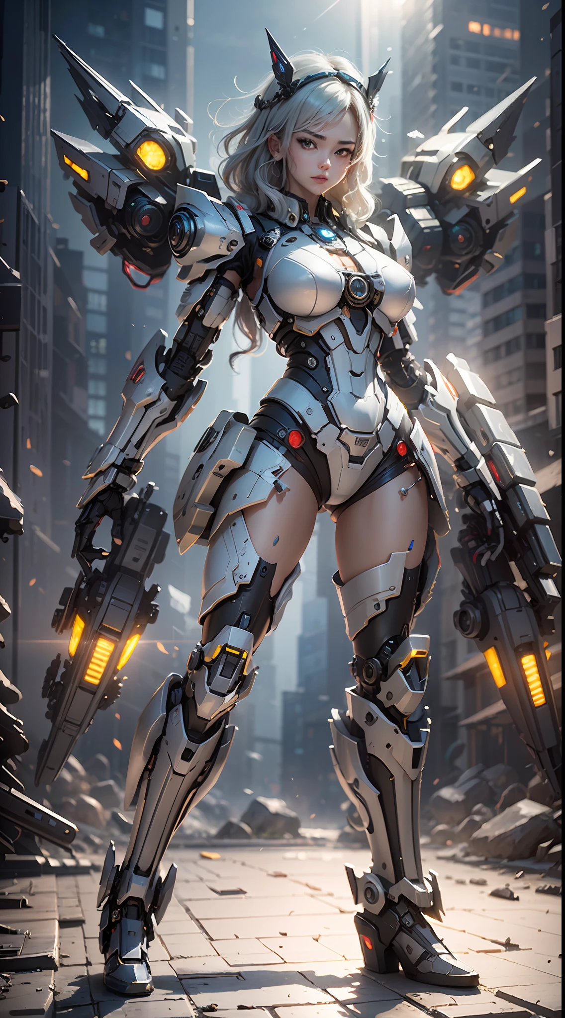 (Best Quality)), ((Masterpiece)), (Very Detailed: 1.3), 3D, master chef-mecha, Beautiful cyberpunk woman wearing crown, with master chef style armor, sci-fi technology, HDR (High Dynamic Range), ray tracing, nvidia RTX, super resolution, unreal 5, subsurface scattering, PBR texture, post-processing, anisotropic filtering, depth of field, maximum sharpness and sharpness, multi-layer texture, Specular and albedo mapping, surface shading, accurate simulation of light-material interactions, perfect proportions, octane rendering, duotone lighting, low ISO, red balance, rule of thirds, wide aperture, 8K RAW, high efficiency subpixels, subpixel convolution, light particles, light scattering, Tyndall effect, very sexy, full body, battle pose, silver hair with braids,