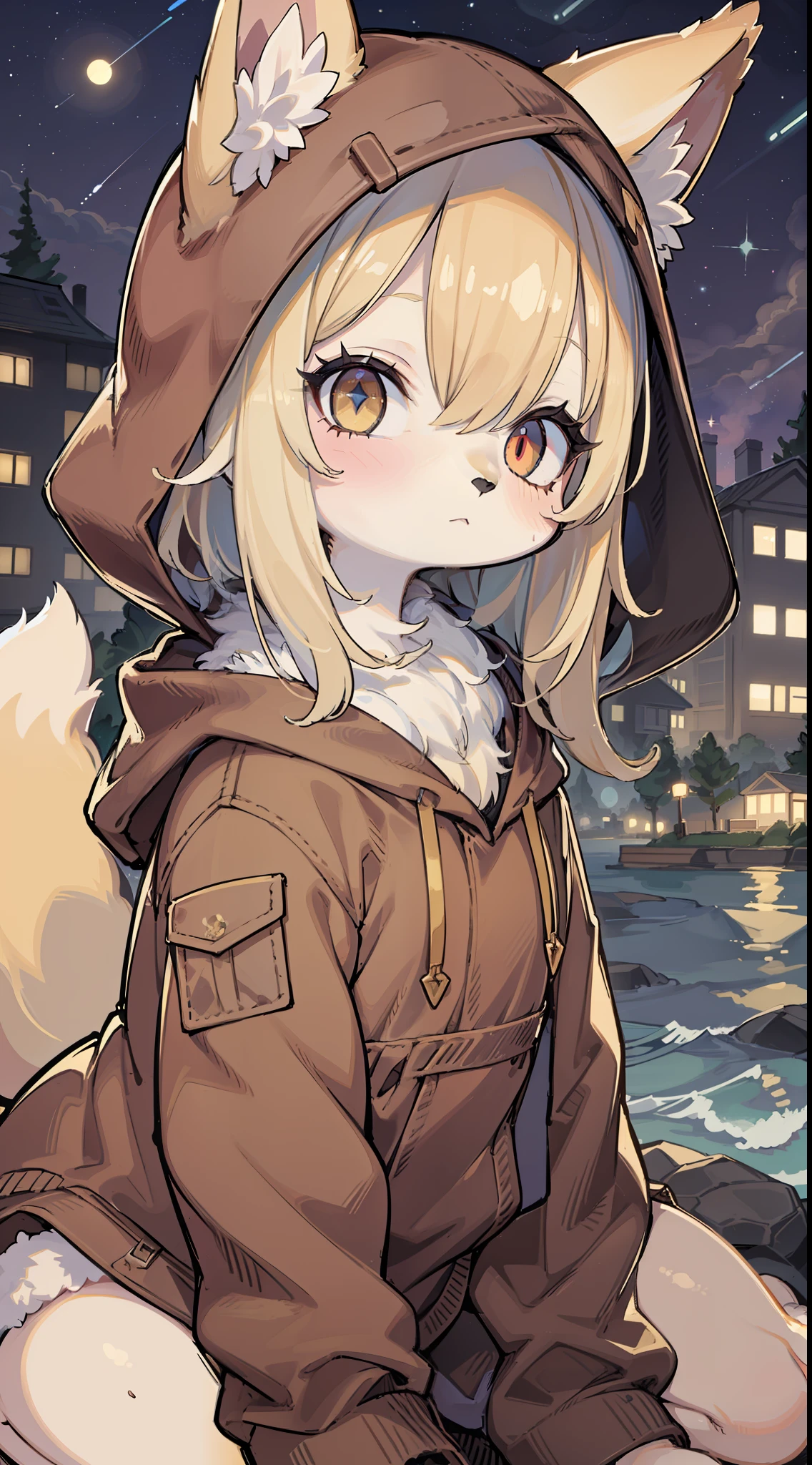 Fox Boy,was hairy,shaggy,Golden fur,Golden yellow face fur,Short blonde hair,Red eyes,Super cute face,Brown elements on fur,Brown hooded jacket brown hood up,Beautiful lights and shadows,Ambient light,Ultra-fine fur,volumettic light,Night,natural day light,Fluffy tail,Colored Contact Lenses,nevando,Night,Starlight at sea,stary sky,seawall,crossed bangs, hair strand, Shiny hair, lone nape hair,Bright pupils,Empty eyes,,Dilated pupils,Sleepy,dark circles,35mm,Smoothes lashes