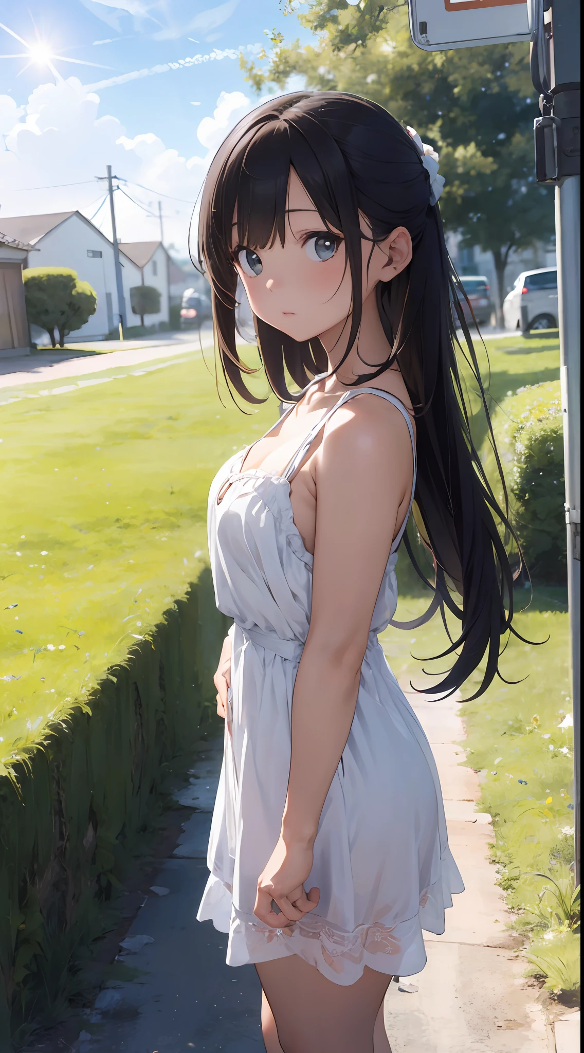 meadow, blue sky, white cumulonimbus, contrails, shining sun, meadow grass swaying in the wind, photo quality, live action, reality, transparency, realistic depiction, 8K quality, UHD, DSLR, high quality, film grain, fujifilm XT3, girl in white camisole dress, standing figure, barefoot, hair swaying in the wind, hair up to shoulders, big, big eyes,