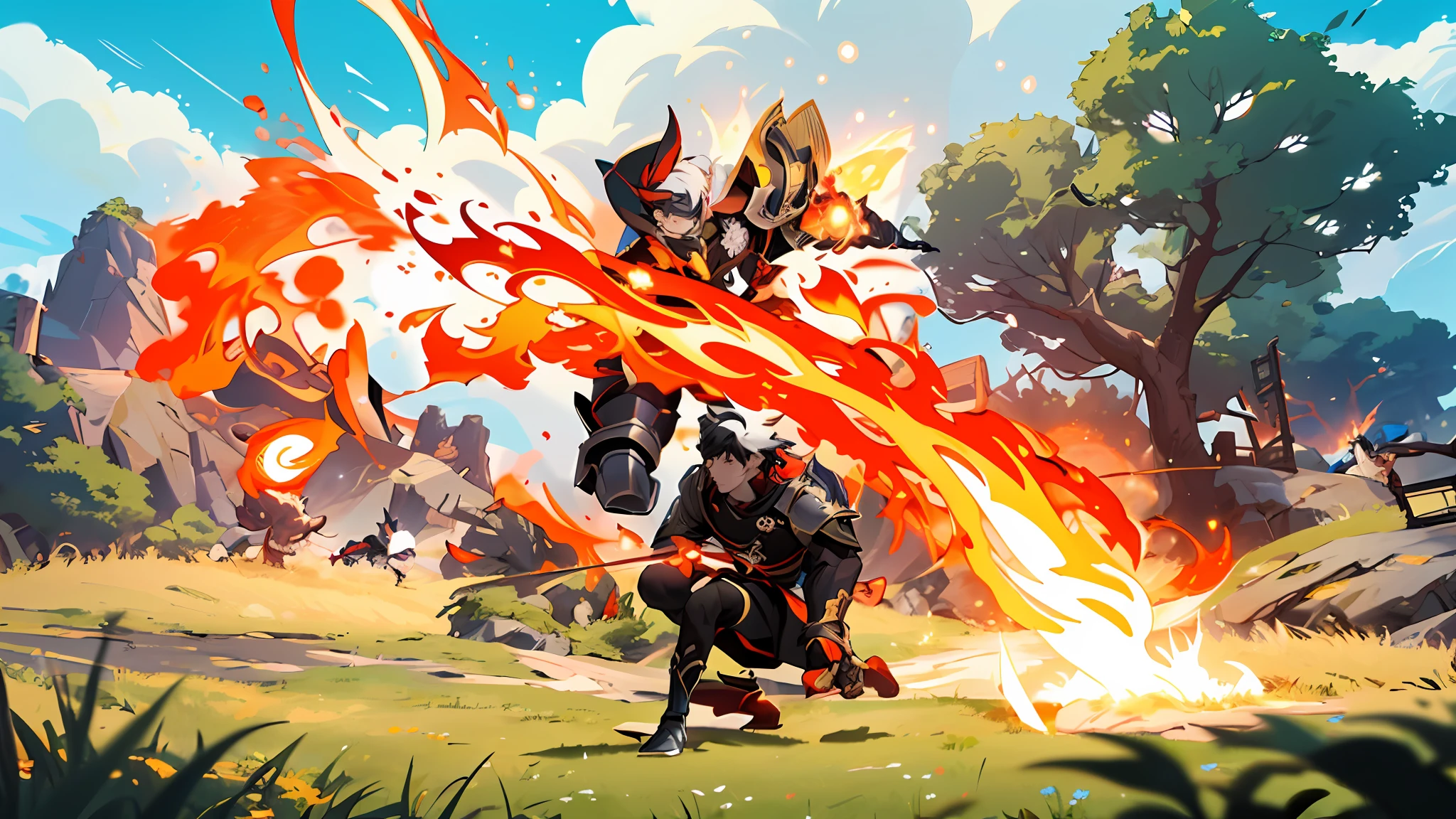 anime characters are fighting with fire in a field, video game genshin impact, genshin impact style, genshin impact character, genshin impact, Diluc from game genshin impact, flame conjuring armored, style of duelyst, fire powers fire swirling, blazing infero, gameplay still