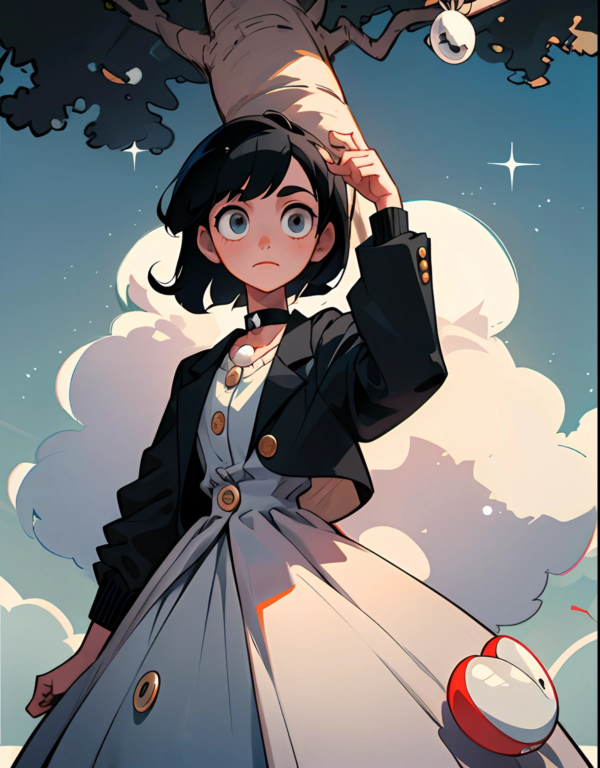 a  girl,, European and American cartoons, black color hair, A clear sky，The tree，puled up dress，Short black blazer，Pearl buttons，pearl choker，Single person，half-body