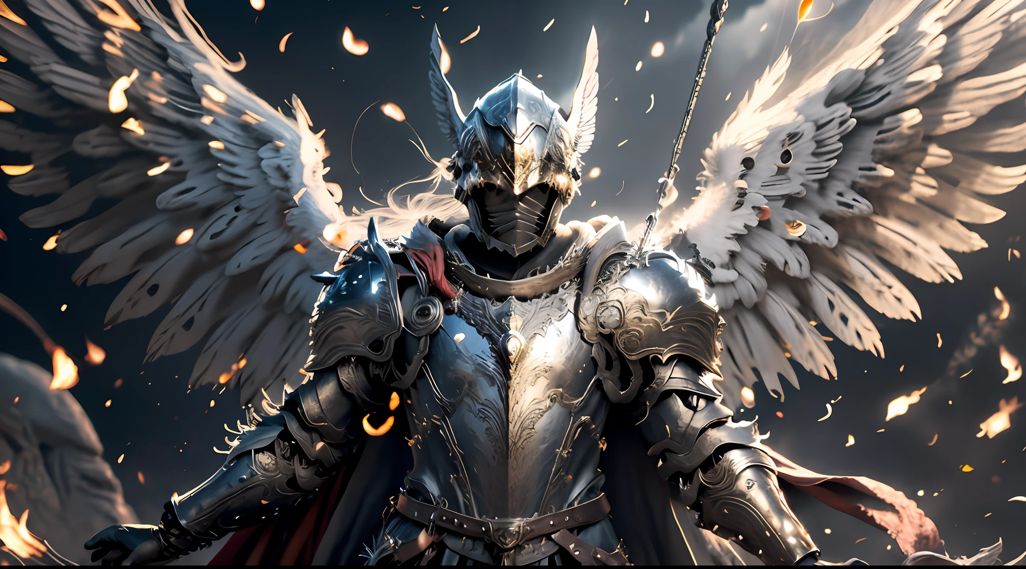 Cover of pure white Holy Spirit Archangel Valkyrie armor, red cape swaying in the wind, battle stance diagram, helmet covering eyes, mechanical six-winged holy light wings, fluttering effect, realistic effect, radiation, close-up, 3D, chiaroscuro, luminescence, ray tracing, reflected light, masterpiece, UHD, award-winning, high resolution, highest definition and clarity, panorama