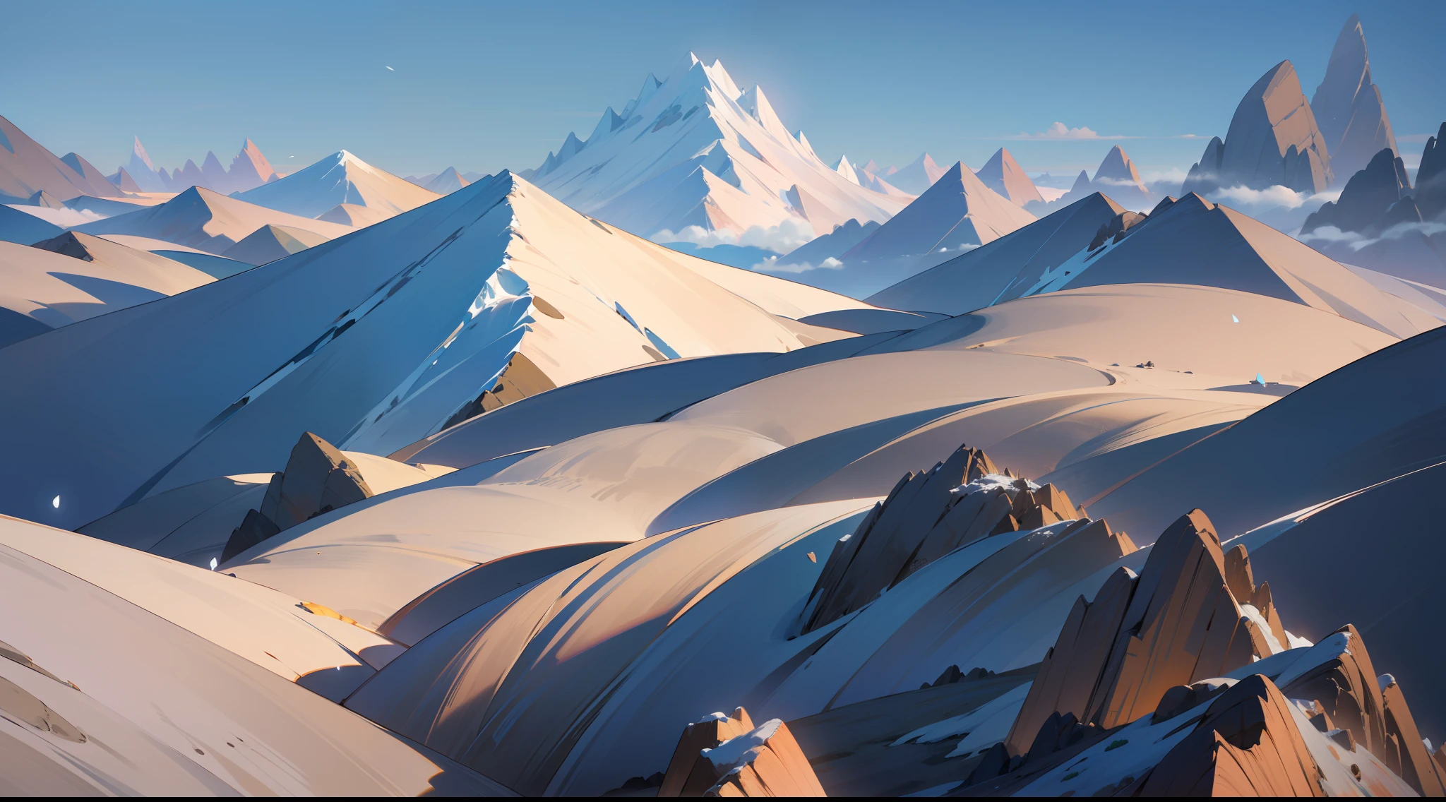 High above the clouds, a majestic mountain range pierces the sky. Snow-capped peaks glisten in the sunlight, standing as sentinels of nature's grandeur. Jagged cliffs and rugged valleys form a dramatic landscape that stretches into the horizon. A serene silence hangs in the thin air, broken only by the occasional howl of the wind. It's a breathtaking panorama that inspires awe and reverence, reminding us of the power and majesty of the natural world. A masterpiece, 8K, best quality, ultra-detailed, cinematic beautiful lighting, intricate details, looking at viewer, depth of field