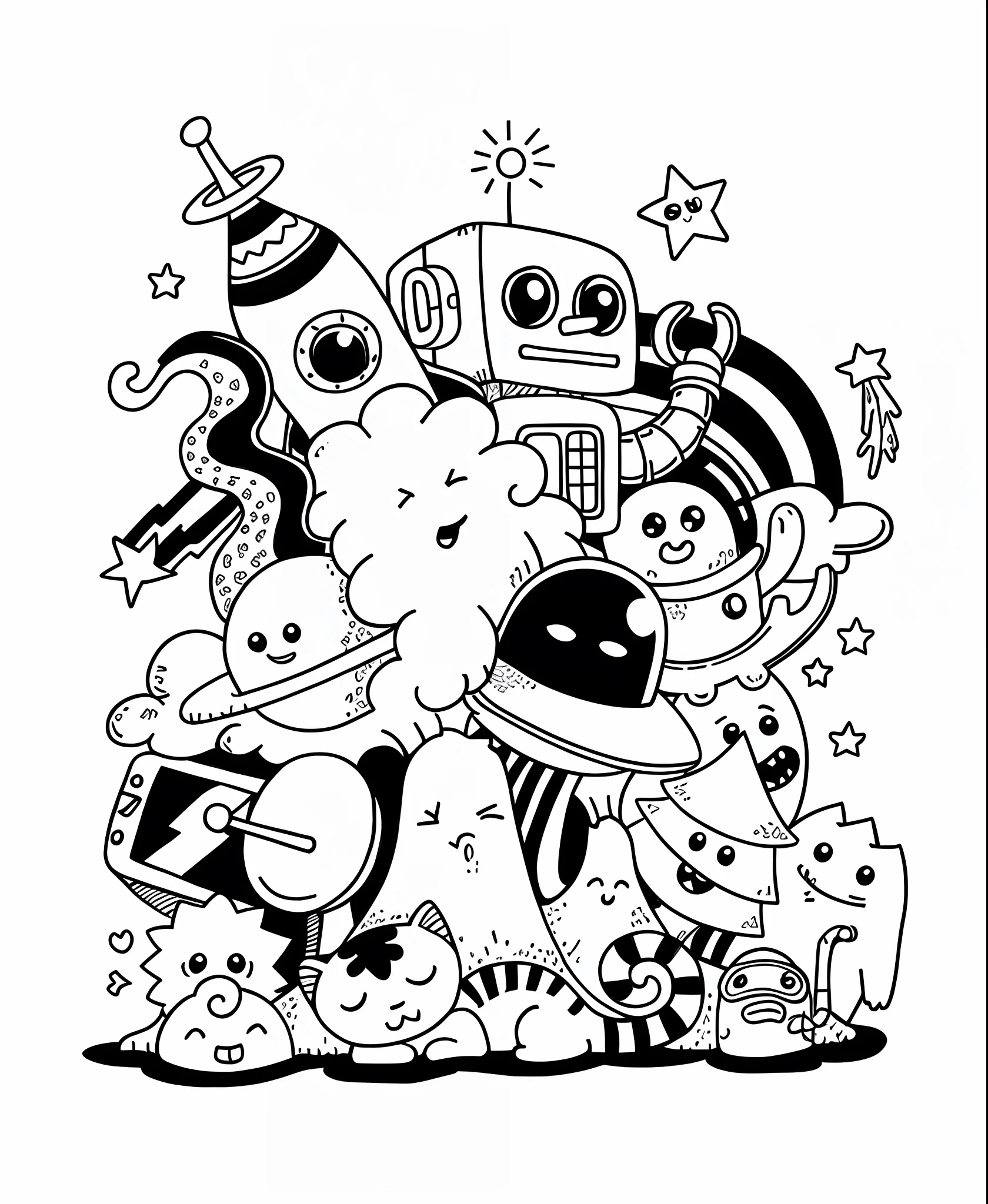 Un dibujo en blanco y negro de un grupo de personajes de dibujos animados, line art illustration, Arte garabato, garabato dibujado a mano, Arte colorido de garabatos, Arte vectorial en blanco y negro, Lindo arte digital detallado, lindas ilustraciones detalladas, Adictos a los garabatos, Hand drawn illustration, Dibujo de arte lineal para colorear, line - art, mascot illustration, dibujo de tinta vectorial, doodle, illustration line art style, vector line art