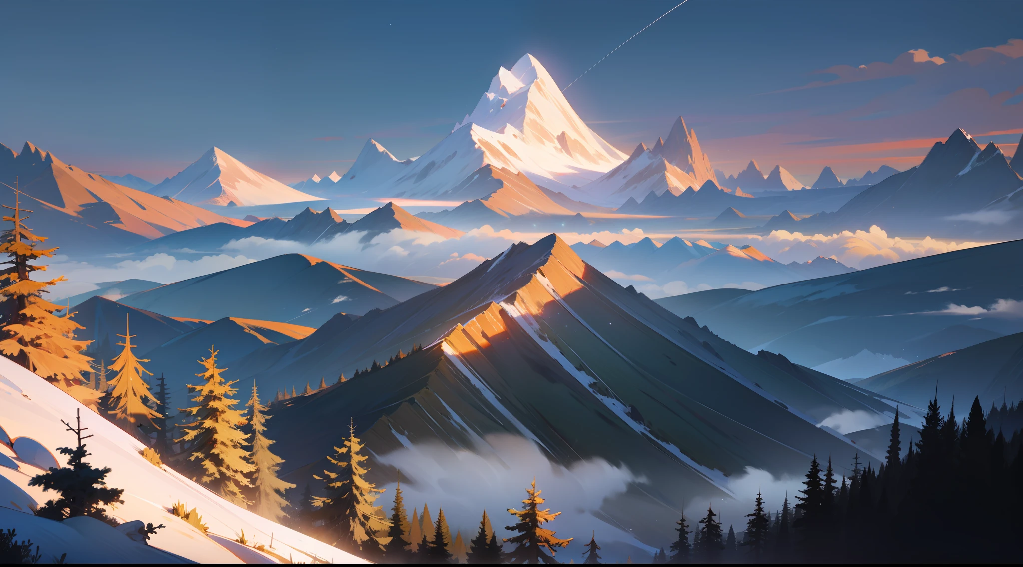 High above the clouds, a majestic mountain range pierces the sky. Snow-capped peaks glisten in the sunlight, standing as sentinels of nature's grandeur. Jagged cliffs and rugged valleys form a dramatic landscape that stretches into the horizon. A serene silence hangs in the thin air, broken only by the occasional howl of the wind. It's a breathtaking panorama that inspires awe and reverence, reminding us of the power and majesty of the natural world. A masterpiece, 8K, best quality, ultra-detailed, cinematic beautiful lighting, intricate details, looking at viewer, depth of field