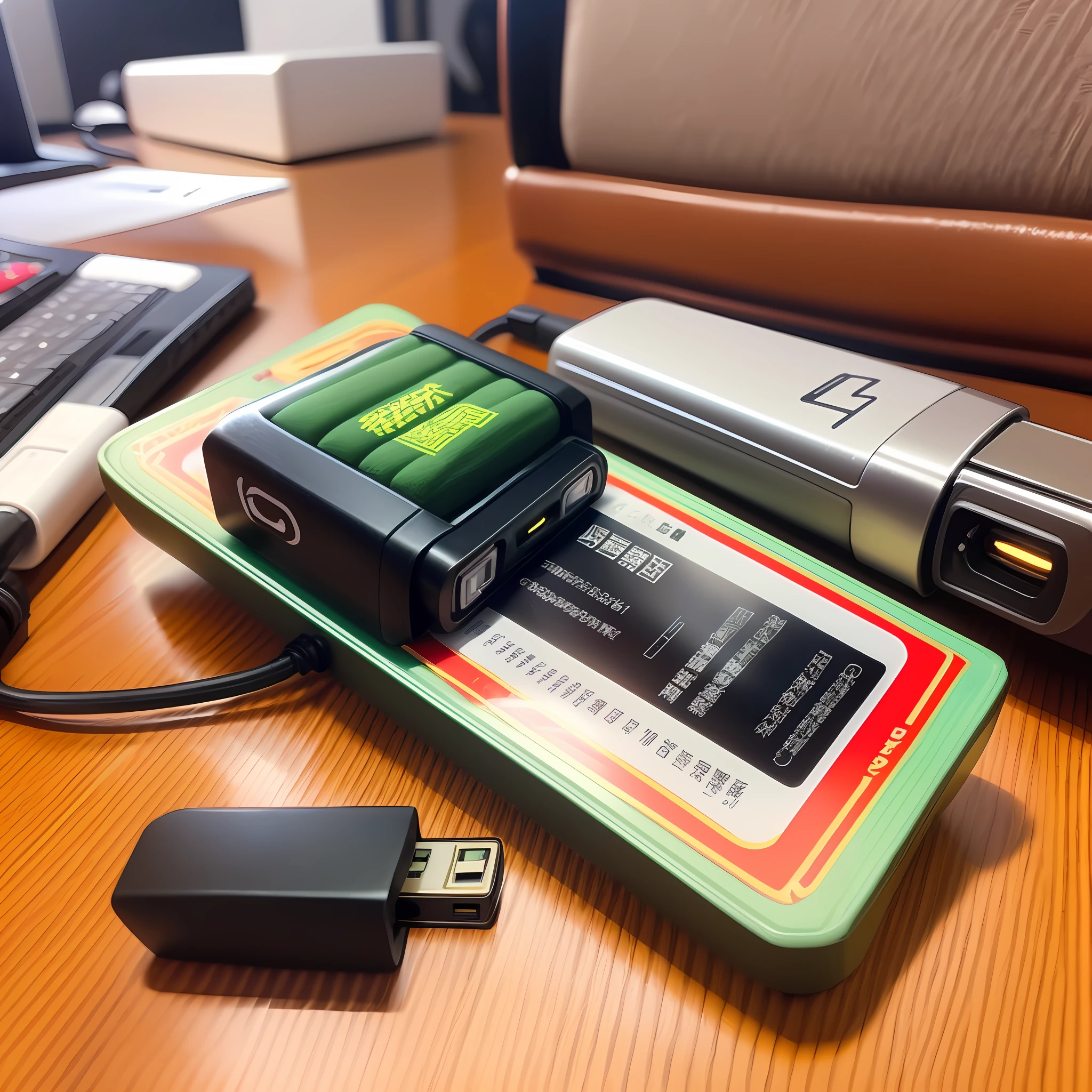 There is only one close-up USB stick on the table，A little decoration on the table，Not too much。Overall bright style。
