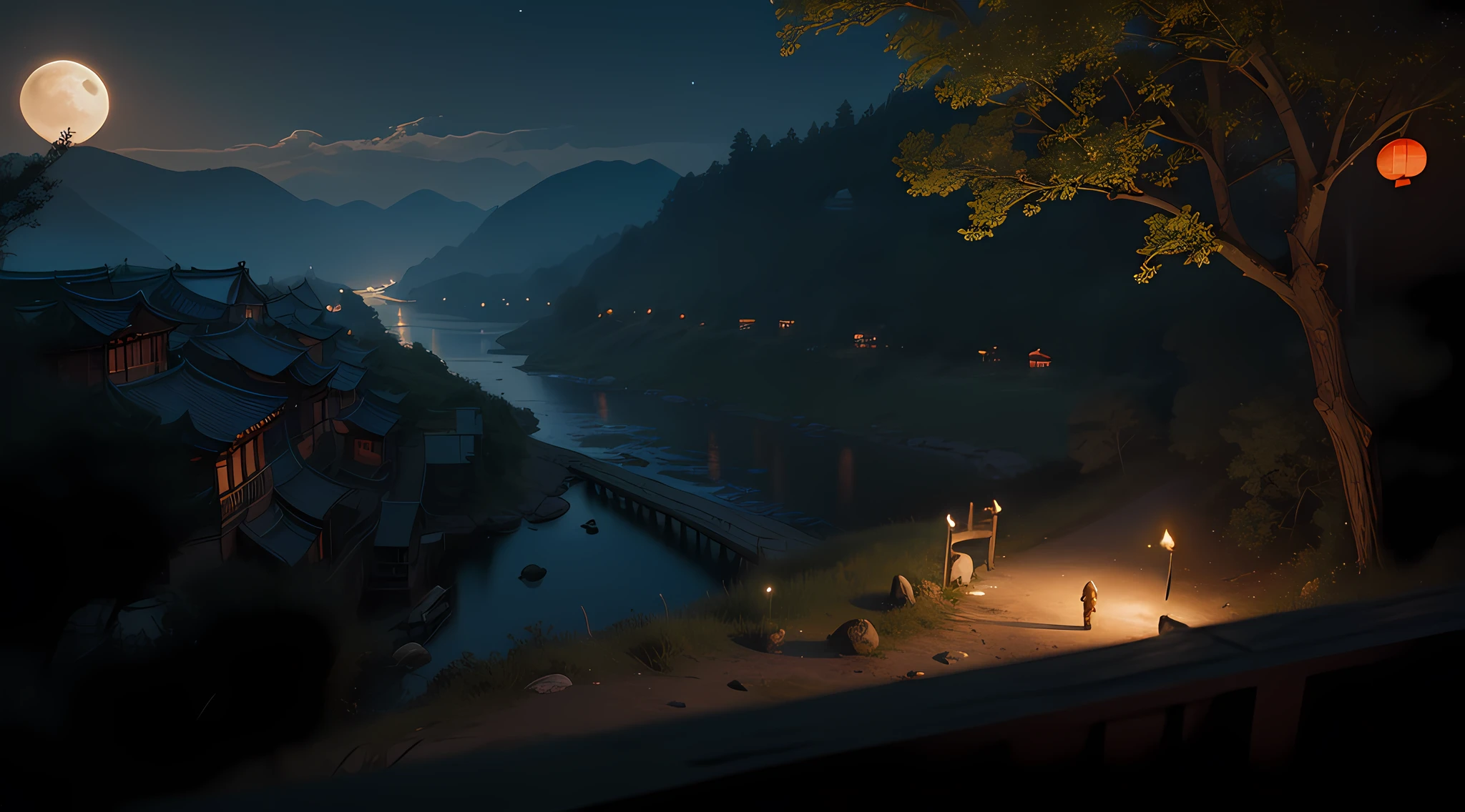 Official Art, Ancient China, Ancient Streets, (Lots of Fireflies), (Night), (Moon), Lights, Beautiful Landscapes, Epic Landscapes, Realistic Lighting, Masterpieces, High Quality, Beautiful Graphics, High Detail, Global Illumination, Unreal Engine Rendering, Octane Rendering, (HDR:1.3)