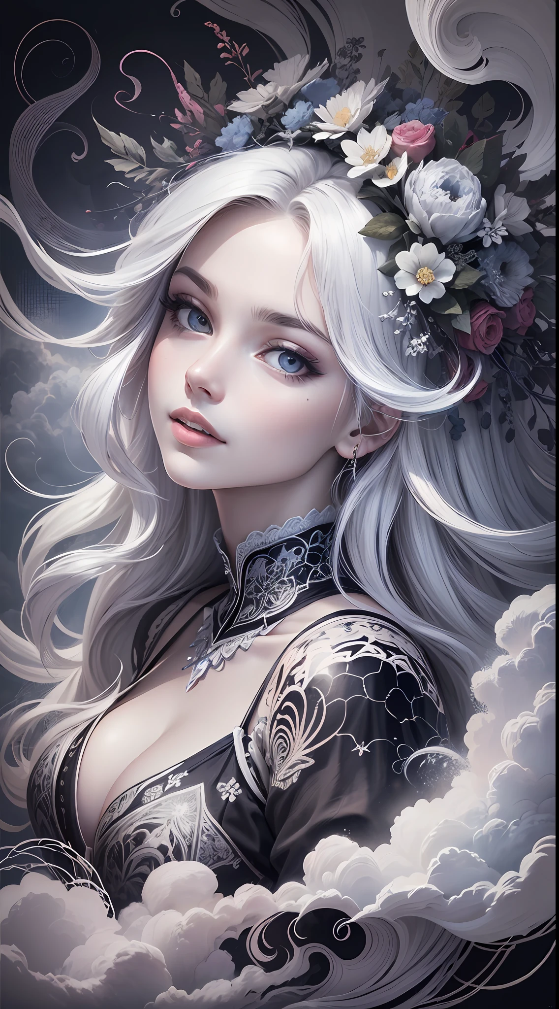 (((White Cloud Background))), (((High Saturation))), ((Surrounded by Color Splashes)))) Ultra Detailed, Beautiful and Aesthetic, Masterpiece, Best Quality, (Zentangle, Mandala, Tangled, Entangle), (Fractal Art: 1.3), 1girl, Very Detailed, Dynamic Angle, Cowboyshot, Most Beautiful Forms Chaotic, Elegant, Fauvist Design, Bright Colors, Romanticism, Michal Mraz, Adrian Ghenny, Petra Courtwright, atmospheric, ecstatic notes, flow notes visible