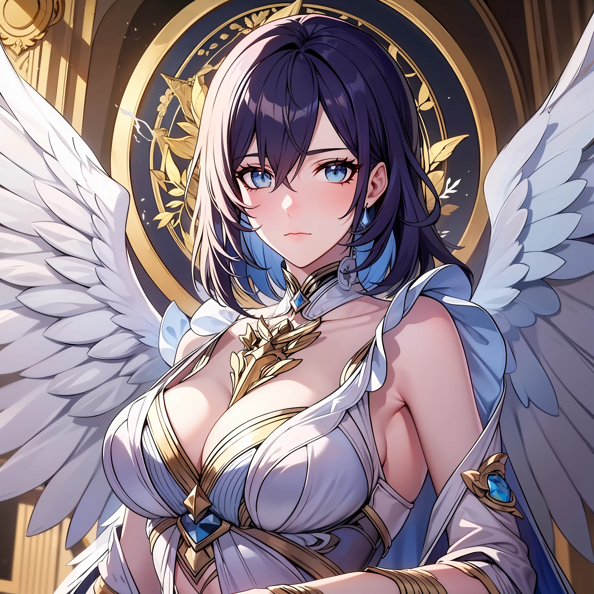 Mature tall woman, short unruly bright blue hair, pale blue eyes, deity, indifferent appearance, wings behind her back, golden light, white clothes