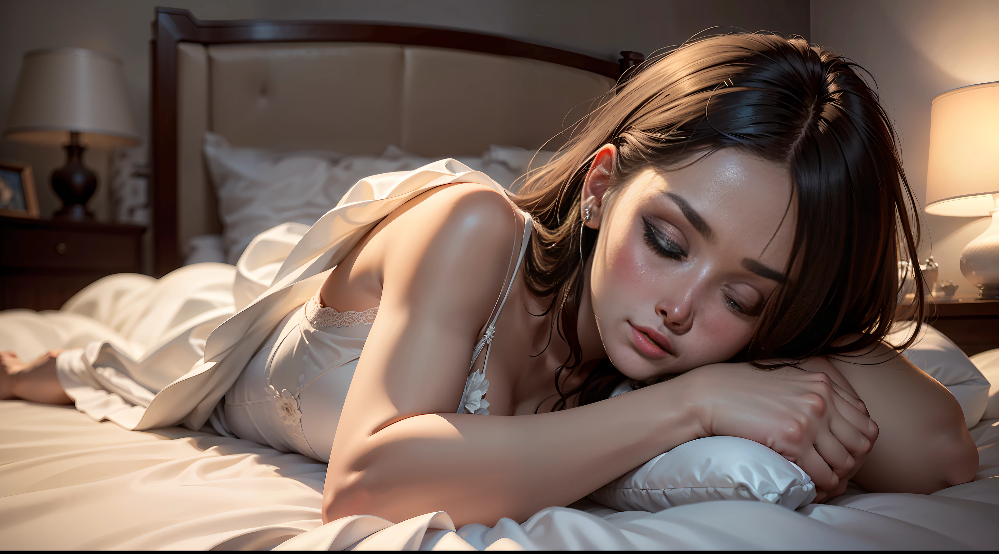 best quality, masterpiece, (photorealistic:1. 4), 1girl, closed lips, wearing a white satin sleeping dress, best quality, masterpiece, ultra high res, (photorealistic:1. 4), intricate details, (looking at viewer:1. 4), full body, dim lighting, indoor, lying on bed, bedroom, nighttime
