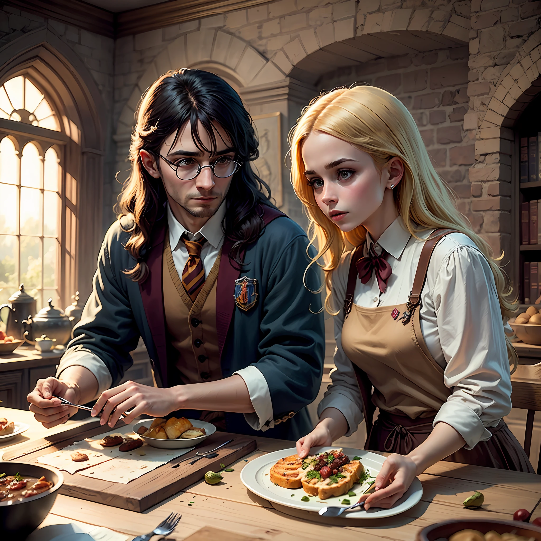 Uhd, ultra realistic, chef d'oeuvre, Harry Potter et Hermione, in Hogwarts Castle --auto