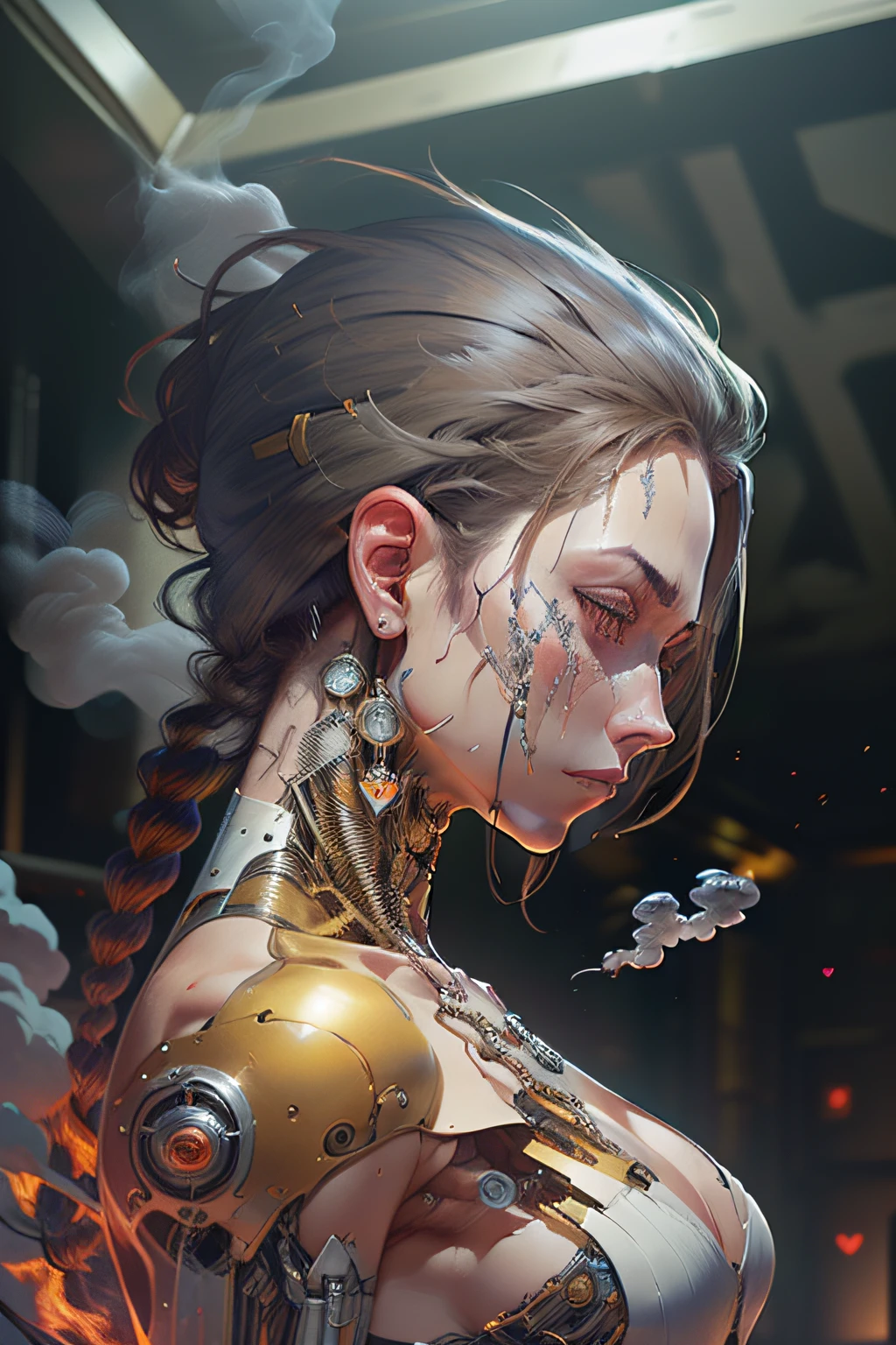 (mechanical parts, gray-haired woman with short braided hair, ((face full of pain)), parts of her body destroyed, atom punck, ((smoke and fire)), mechanical parts fused into her body, body in ruins, (( heart exposed)), ((body of, wires and metal parts exposed)), face reflects desolation, a ((bright eye)) mechanical red, the human left eye full of pain, ((being repaired)), waiting, ( (view from below)), Photorealistic, Intricate Painting, 8k, ((Highly Detailed Skin)), Digital Painting, Vivid, Sharp Focus, Art by Artgerm and Rutkowski