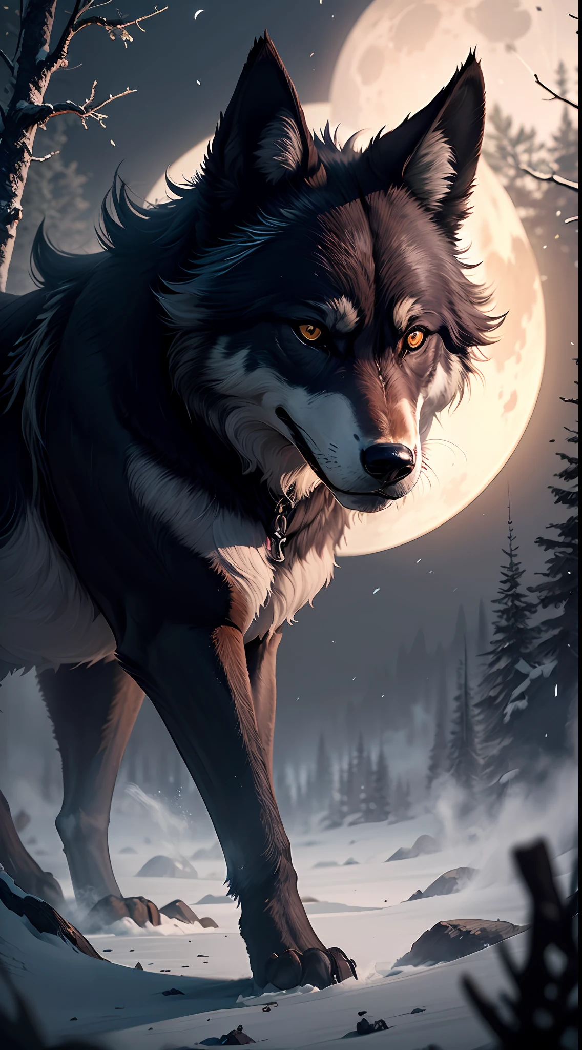 Black Wolf，ferocious，hunt，Dangerous forests，Midnight Moon（Detailed, high-resolution images），Fearless wolves。howl，The big，forceful。 --auto