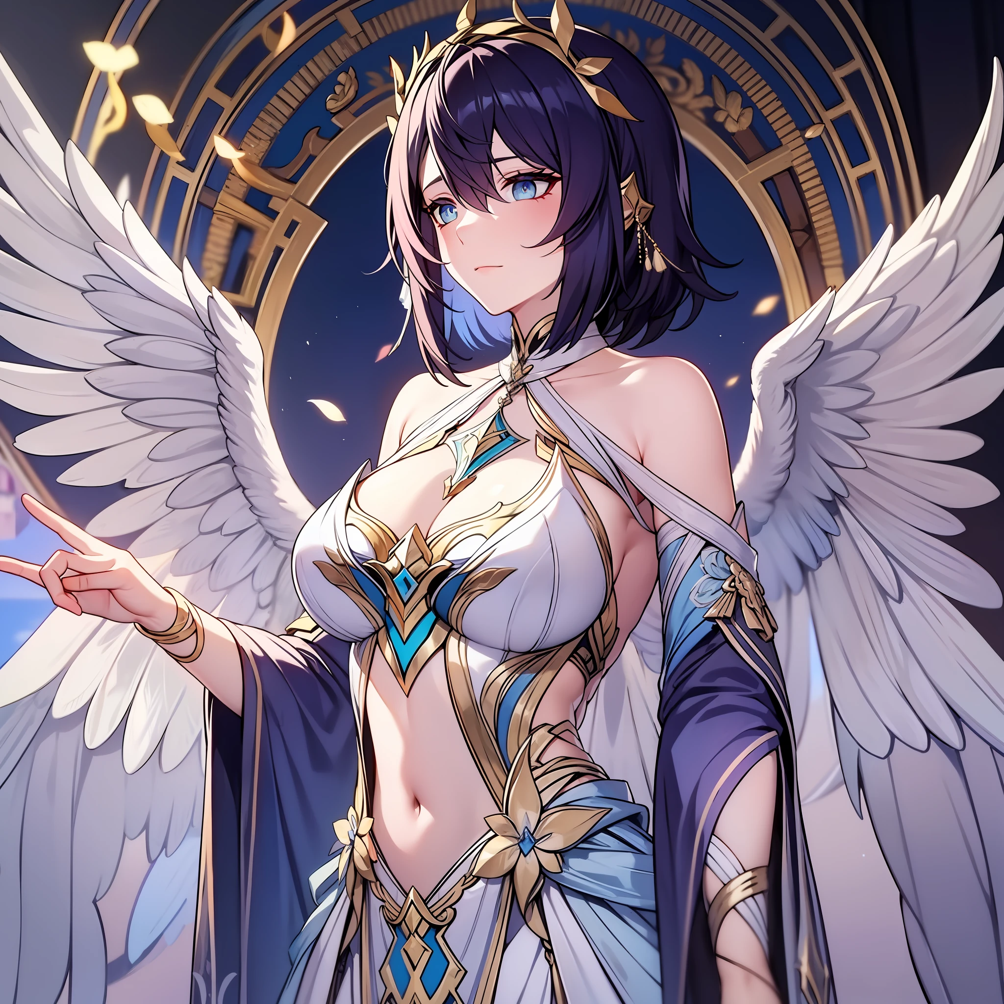 Mature tall woman, short unruly bright blue hair, pale blue eyes, deity, indifferent appearance, wings behind her back, golden light, white clothes