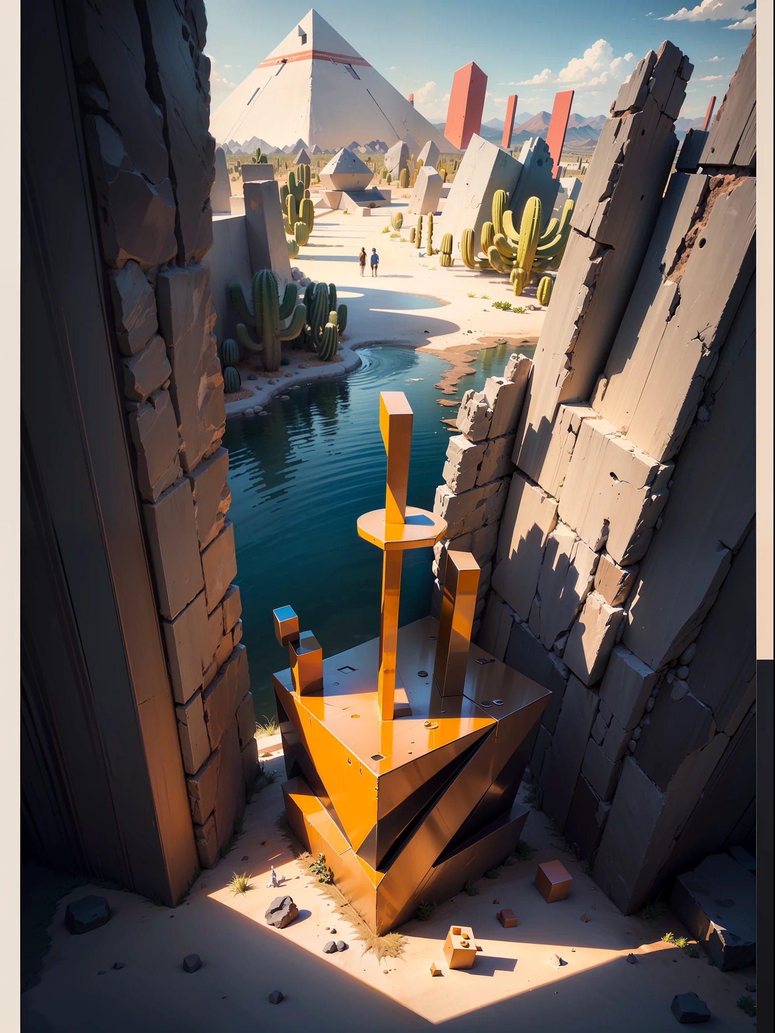 ((masterpiece, best quality)),illustration,ultra detailed 8k. (((An illustration of a build designed by Luis Barragán))), with a desertic vegetation garden, (big rocks), ((cacti)), lake, volcano in horizon, smooth clouds, (((illustration collage format))), ((Escher's art style)), (((multiple sections))), (orange, blue, olive green, grey, black and white), hard shadows, (((geometric sculptures))), concrete sculptures, high contrast, dramatic, cinematographic