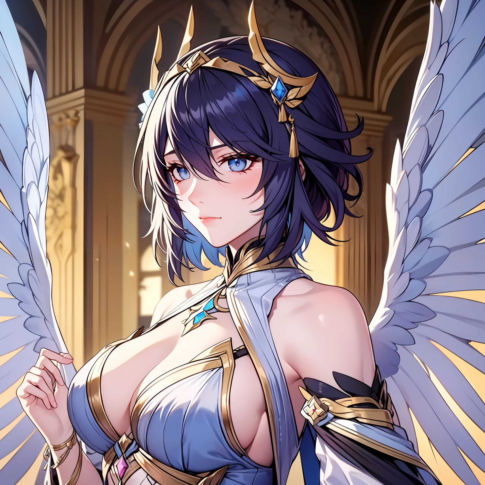 Mature tall woman, short unruly bright blue hair, pale blue eyes, deity, indifferent appearance, wings behind her back, golden light, white clothes