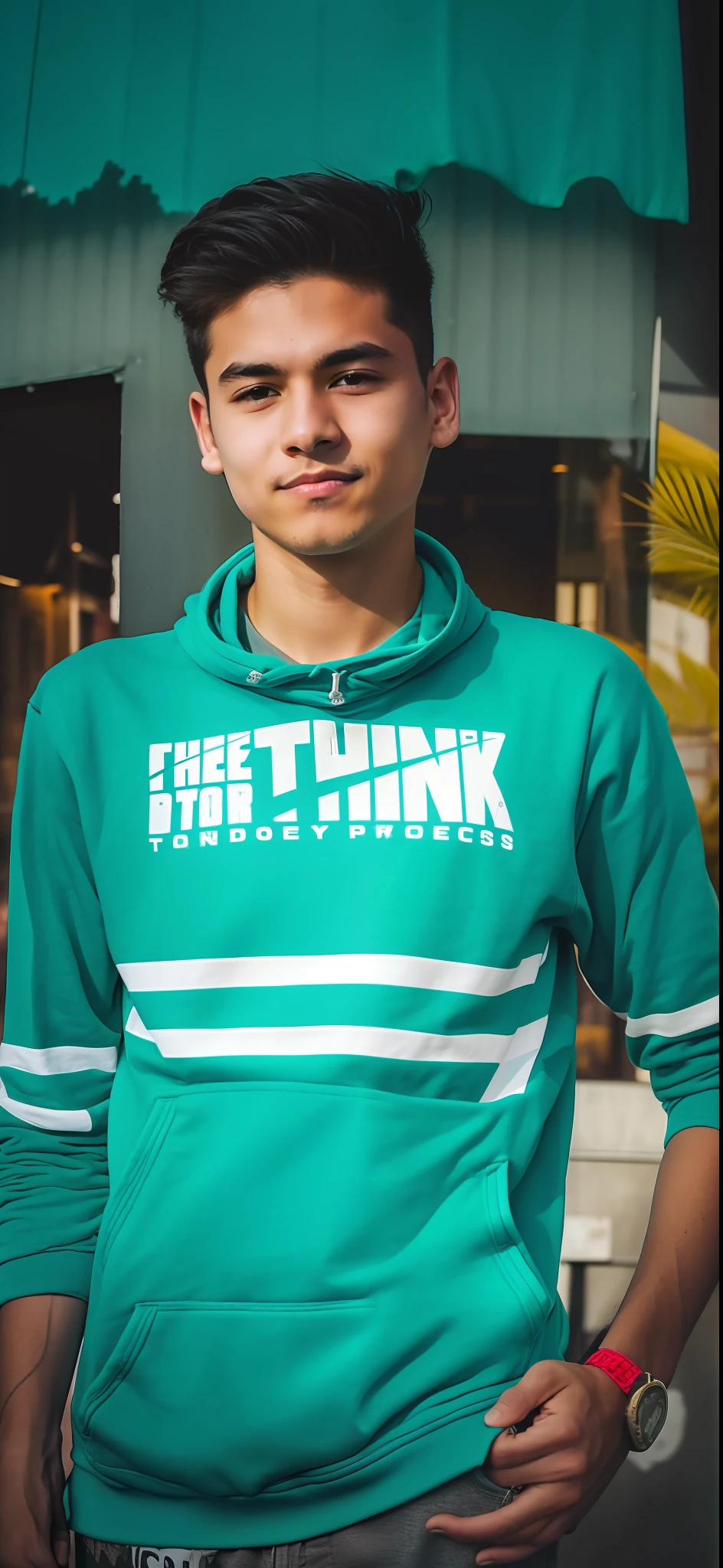 there is a man standing in front of a building with a skateboard, thought provoking, thinking pose, thought-provoking, wearing a blue hoodie, candid photo, male teenager, candid picture, thoughtful expression, think in 3 d, wearing a neon blue hoodie, modeling shoot, thin young male, portrait image, wearing sweatshirt, casual photography, vibrant feel, edited in photoshop