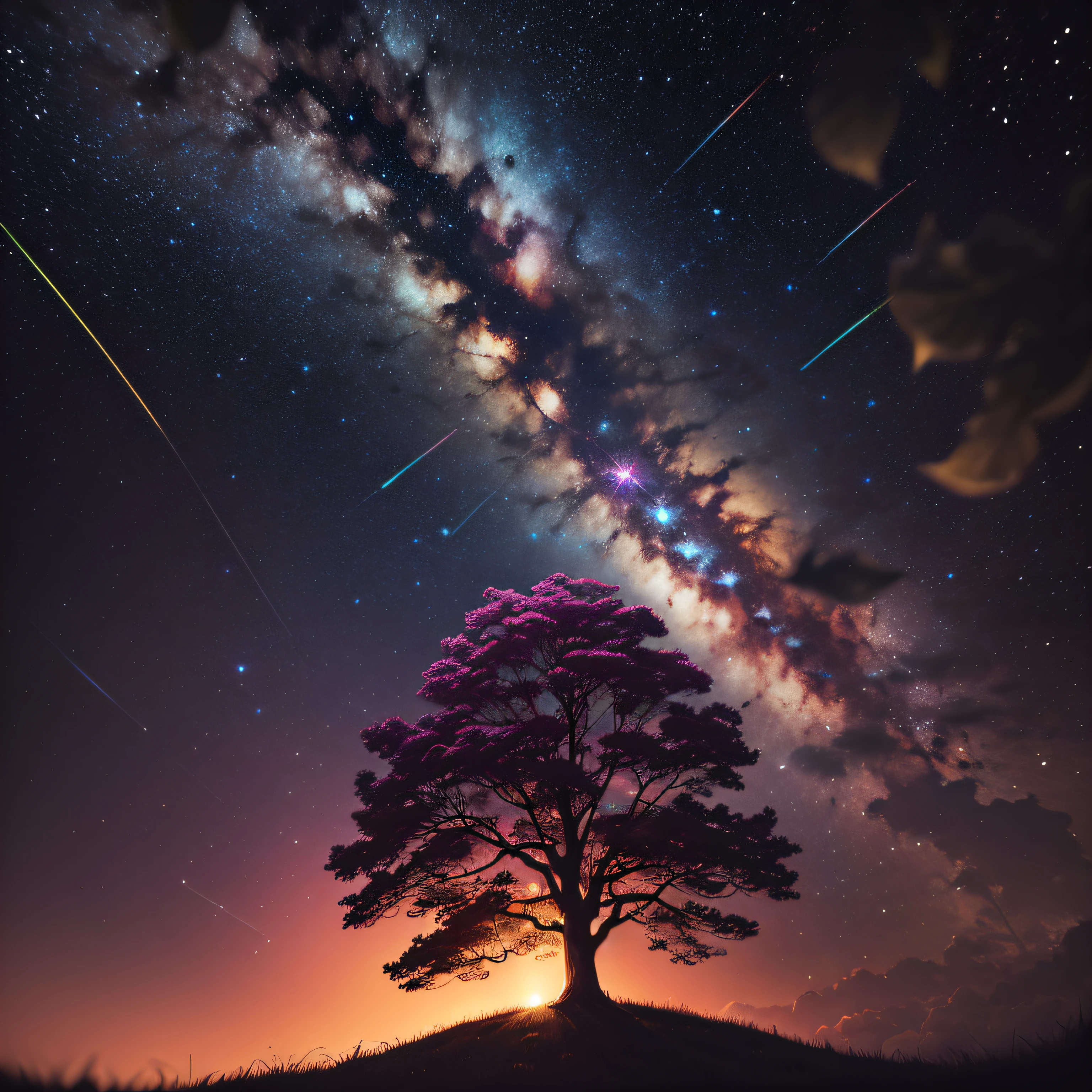 A leafy tree,Vibrant and colorful streamers under epic galactic skies,Has a professional color gradient,gentle shadowing,no contrast,clean sharp focus,Cinematography,The ultra-Realistically :: nebulae::1 Wide angle lens::1 Blurry:: Ultra HDR, HDR, 16K --auto